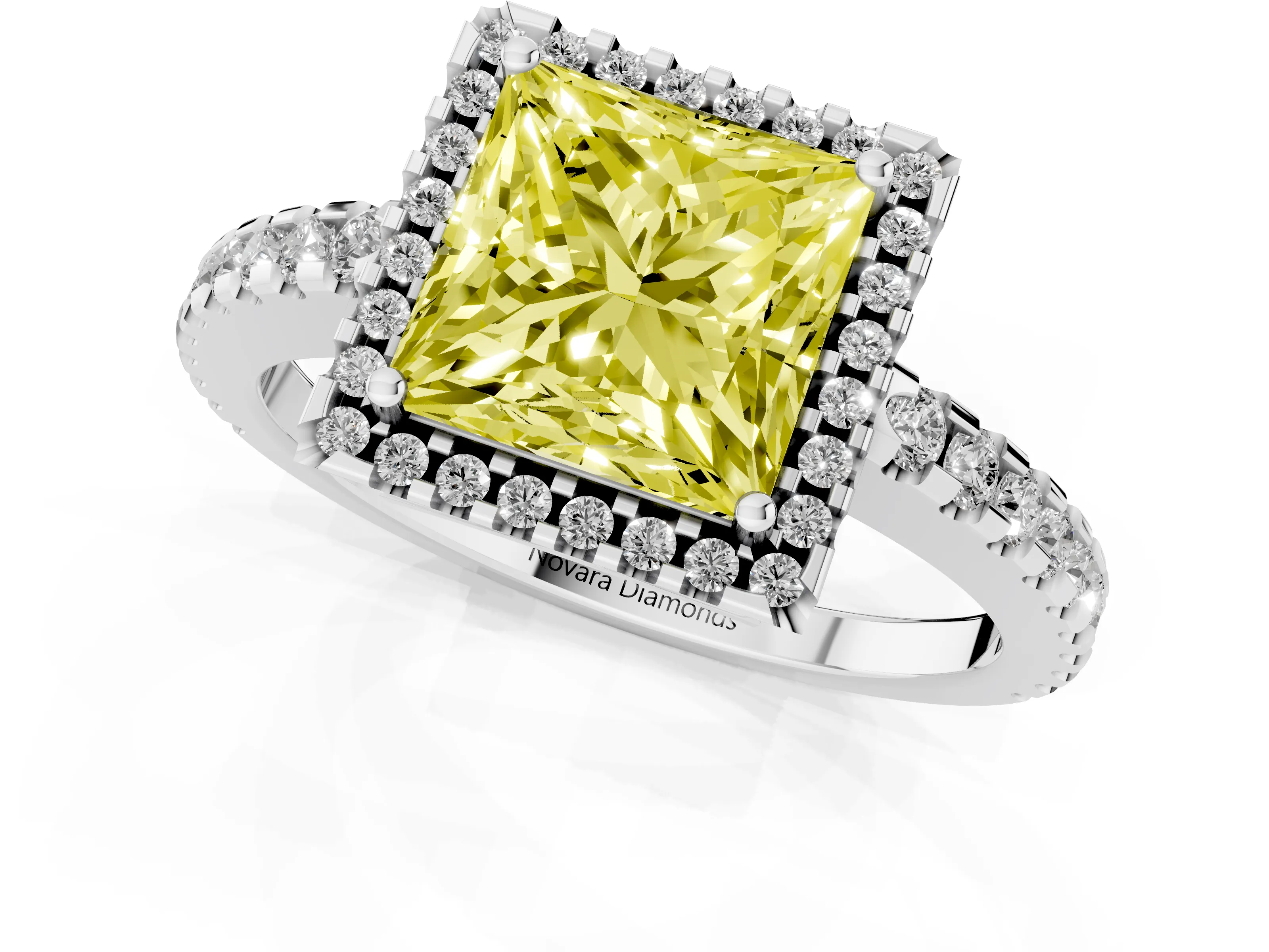 Fancy Yellow Princess Cut Diamond Halo Ring Set in Platinum with Pavé Shoulders and Halo-Framed Center – second view