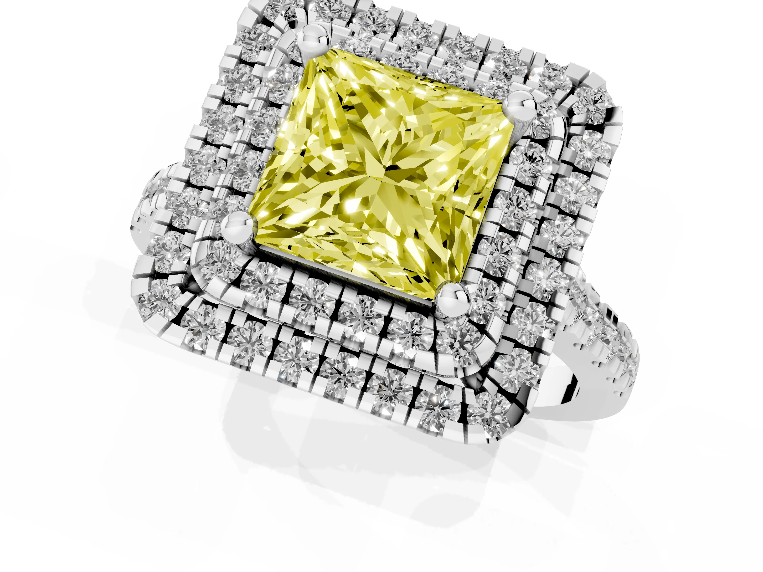 Fancy Yellow Princess Cut Diamond Double Halo Statement Ring Set in White gold with Pavé Band