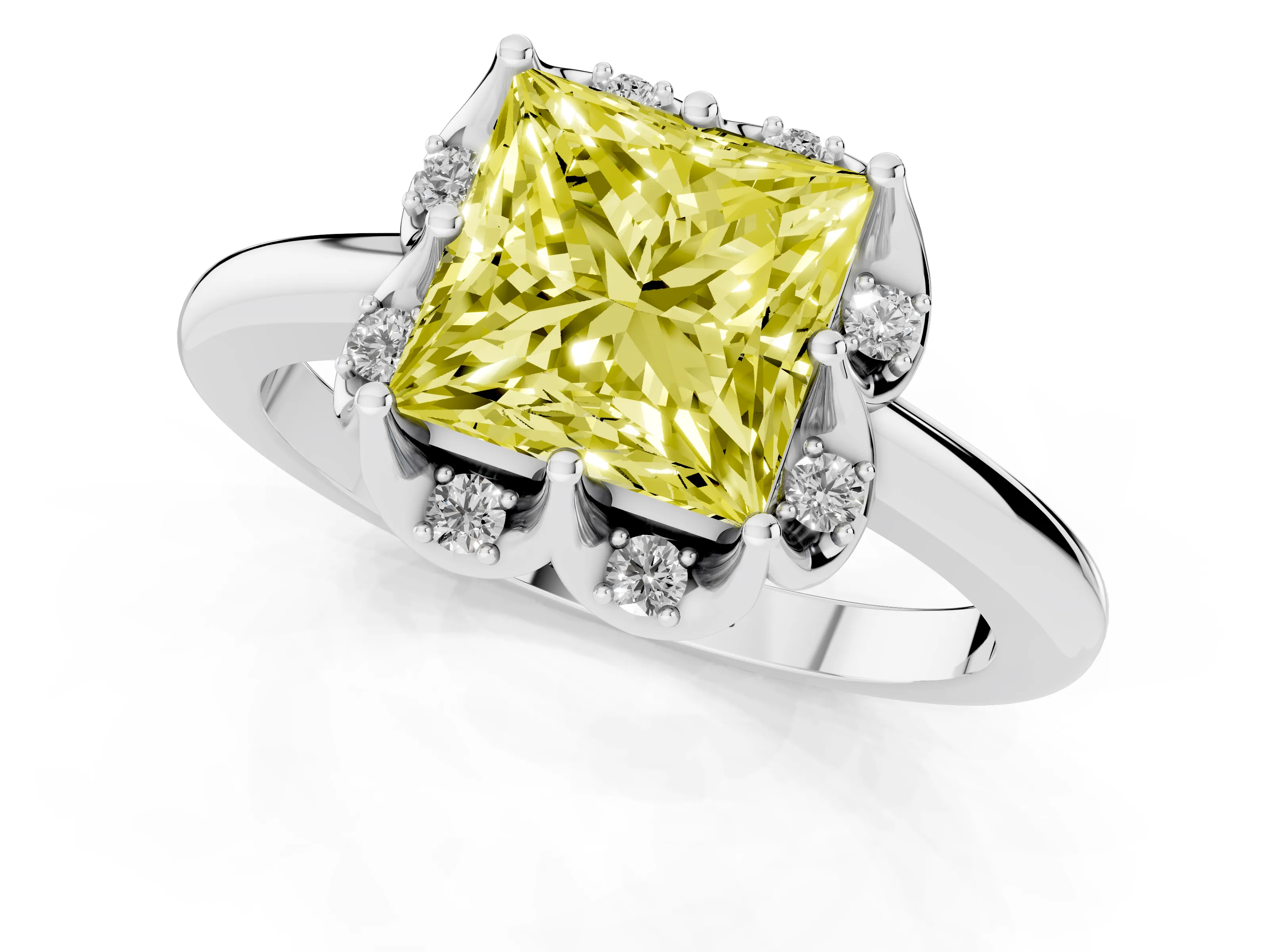 Fancy Yellow Princess Cut Diamond Round Cluster Halo Ring Set in Platinum with Solitaire Band and Prong Setting
