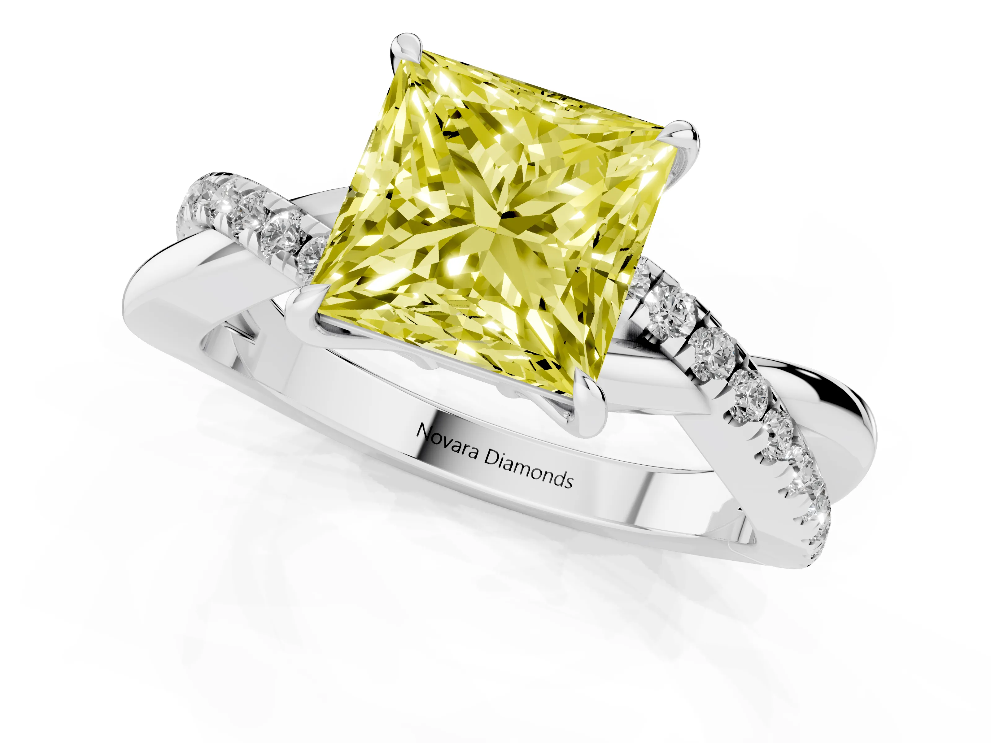 Fancy Yellow Princess Cut Diamond Twisted Pavé Band Ring Set in Silver with Prong Setting