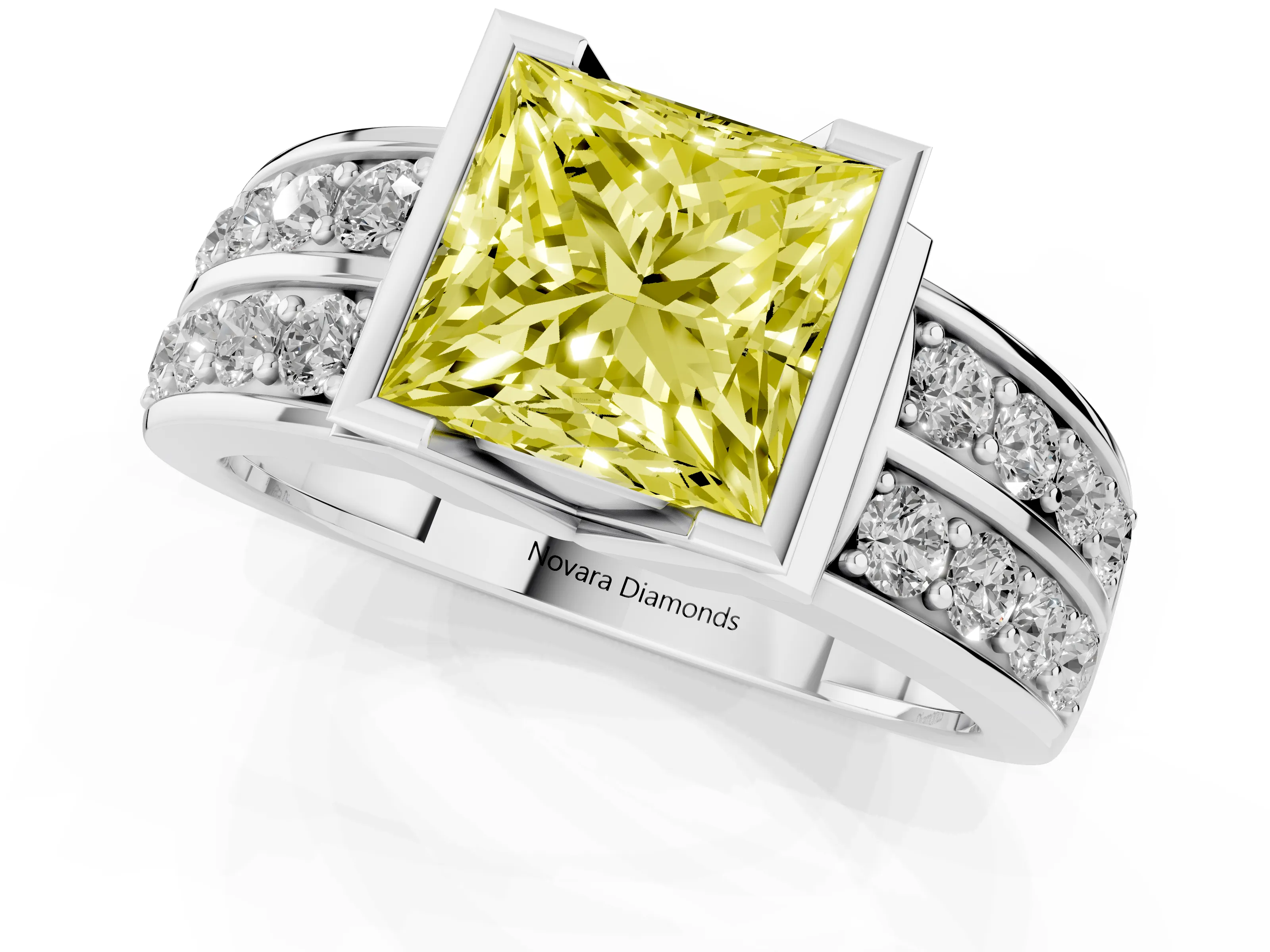 Fancy Yellow Princess Cut Diamond Wide Channel Set Band Ring Set in White gold with Bezel Setting