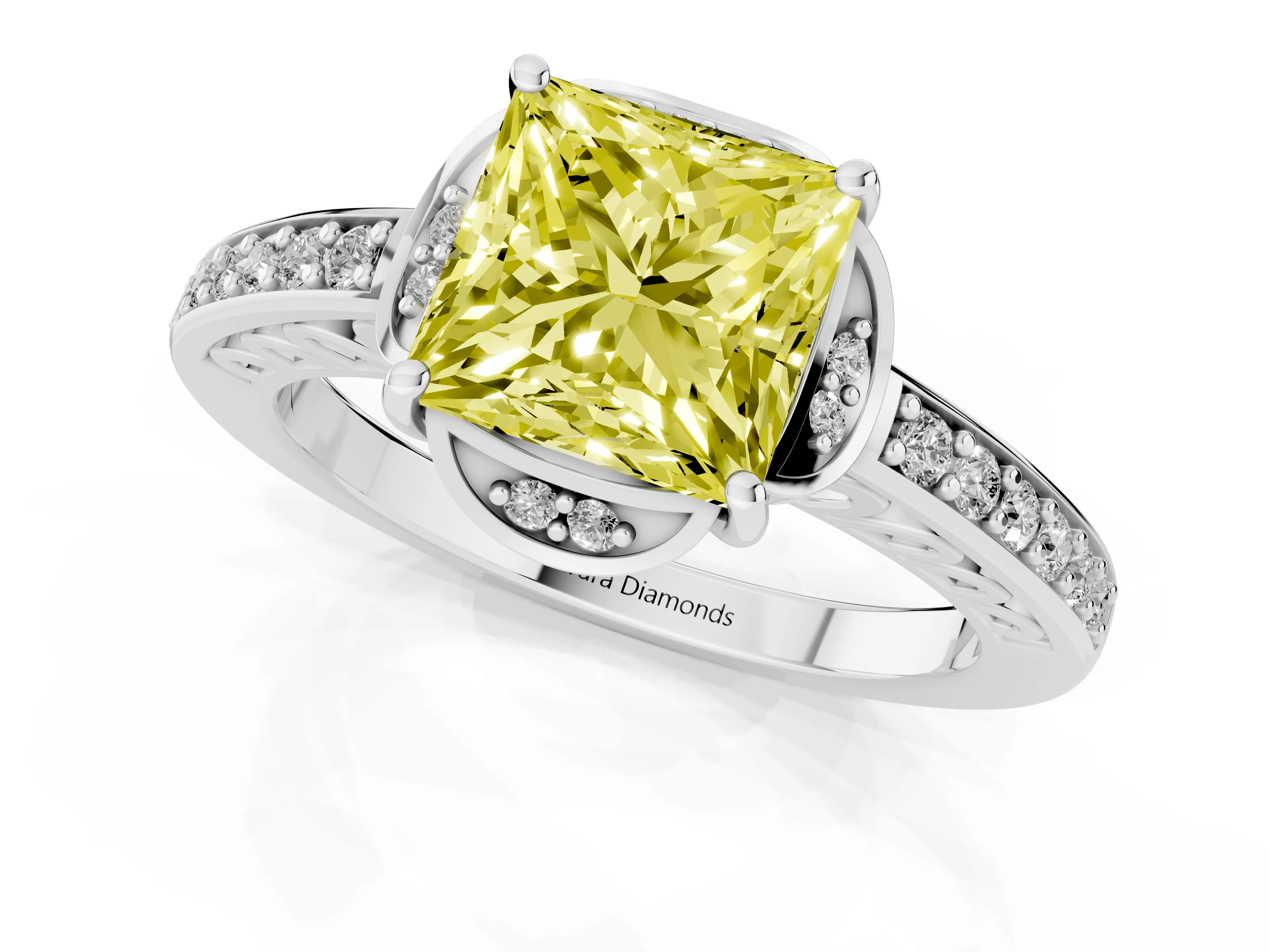 Fancy Yellow Princess Cut Diamond Halo Ring Set in Platinum with Channel Set Band and Prong Setting