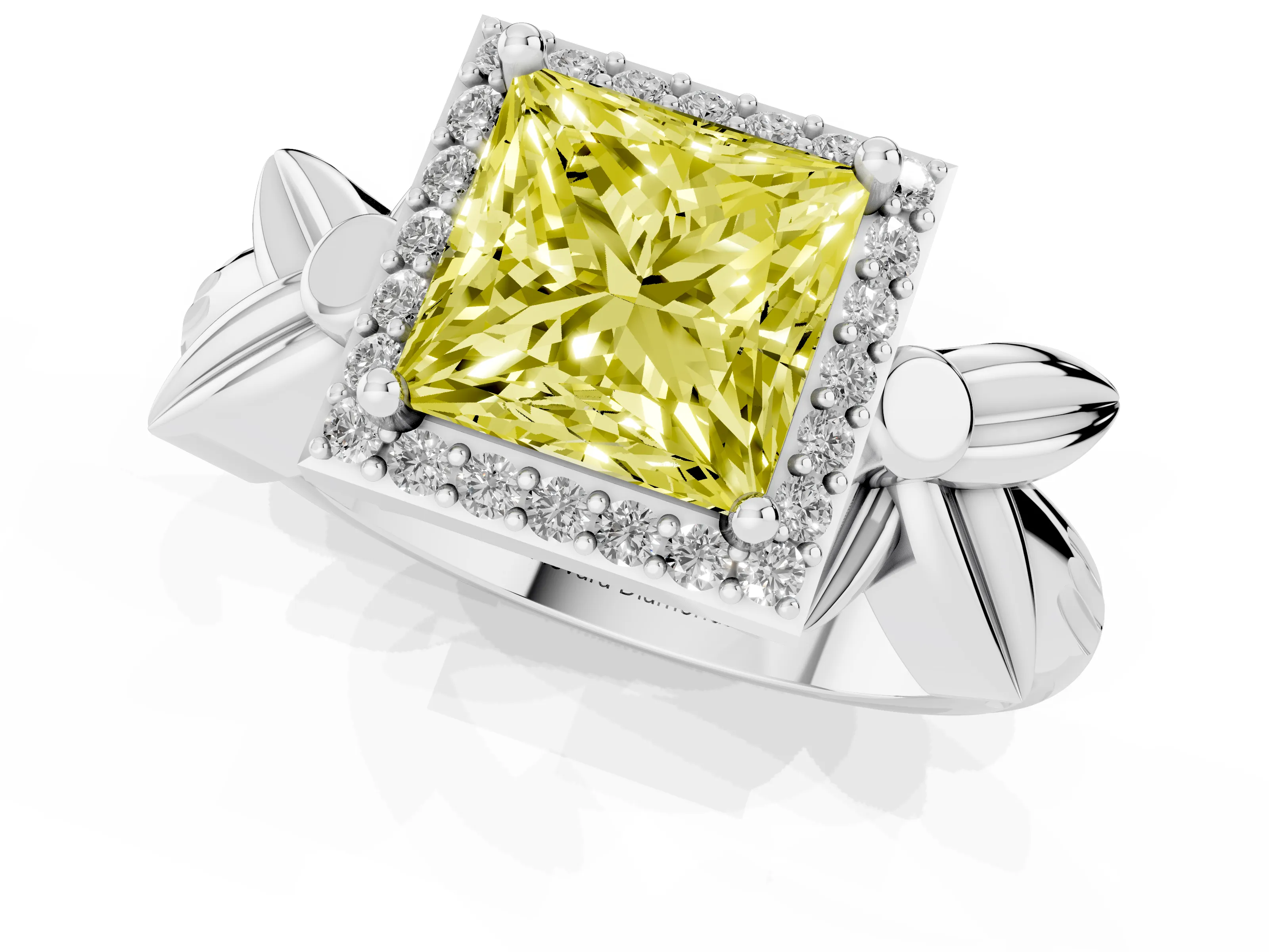 Fancy Yellow Princess Cut Diamond Halo Floral Band Ring Set in Silver with Prong Setting