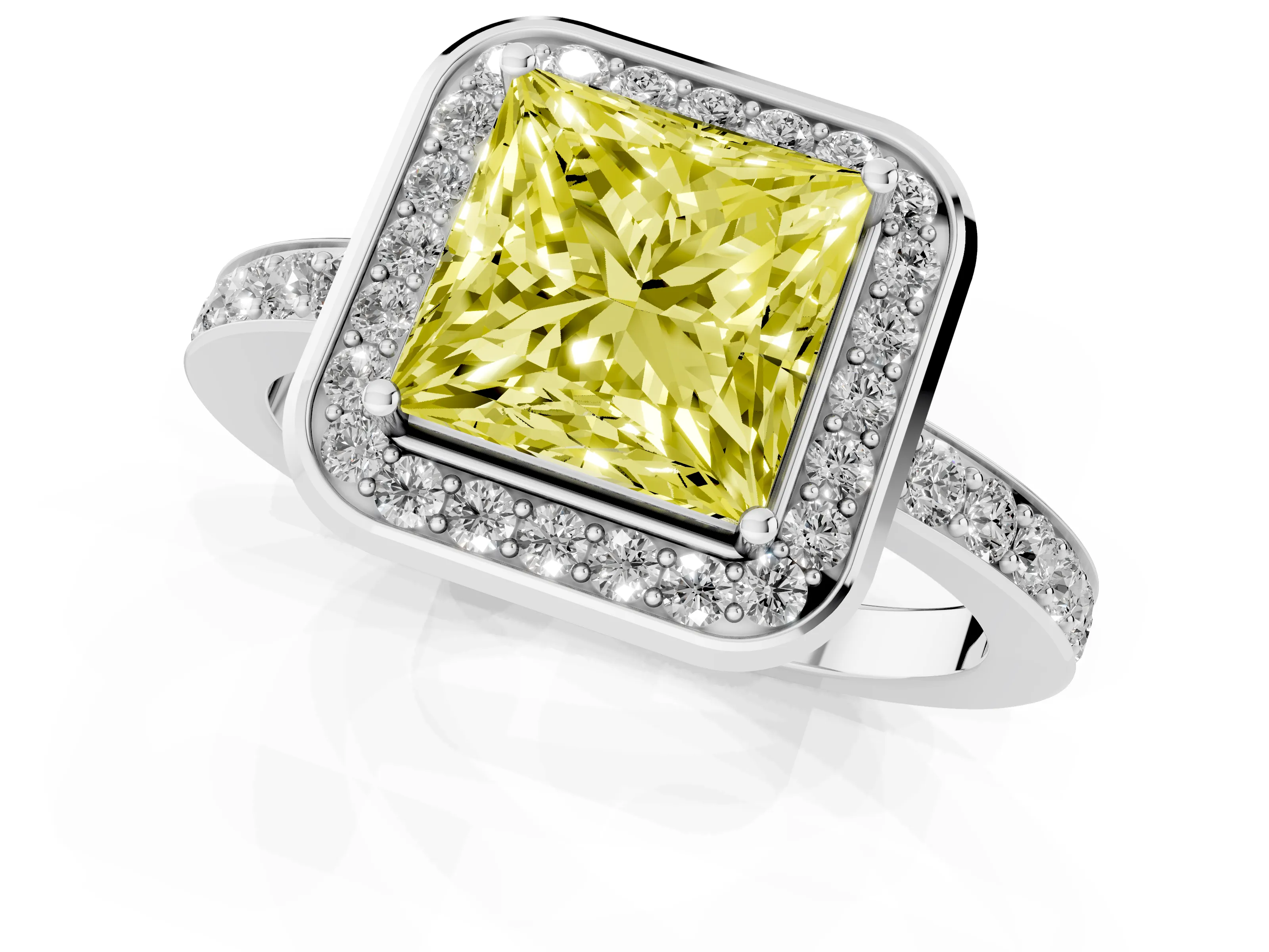 Fancy Yellow Princess Cut Diamond Halo Ring Set in White gold with Bezel Frame and Pavé Band