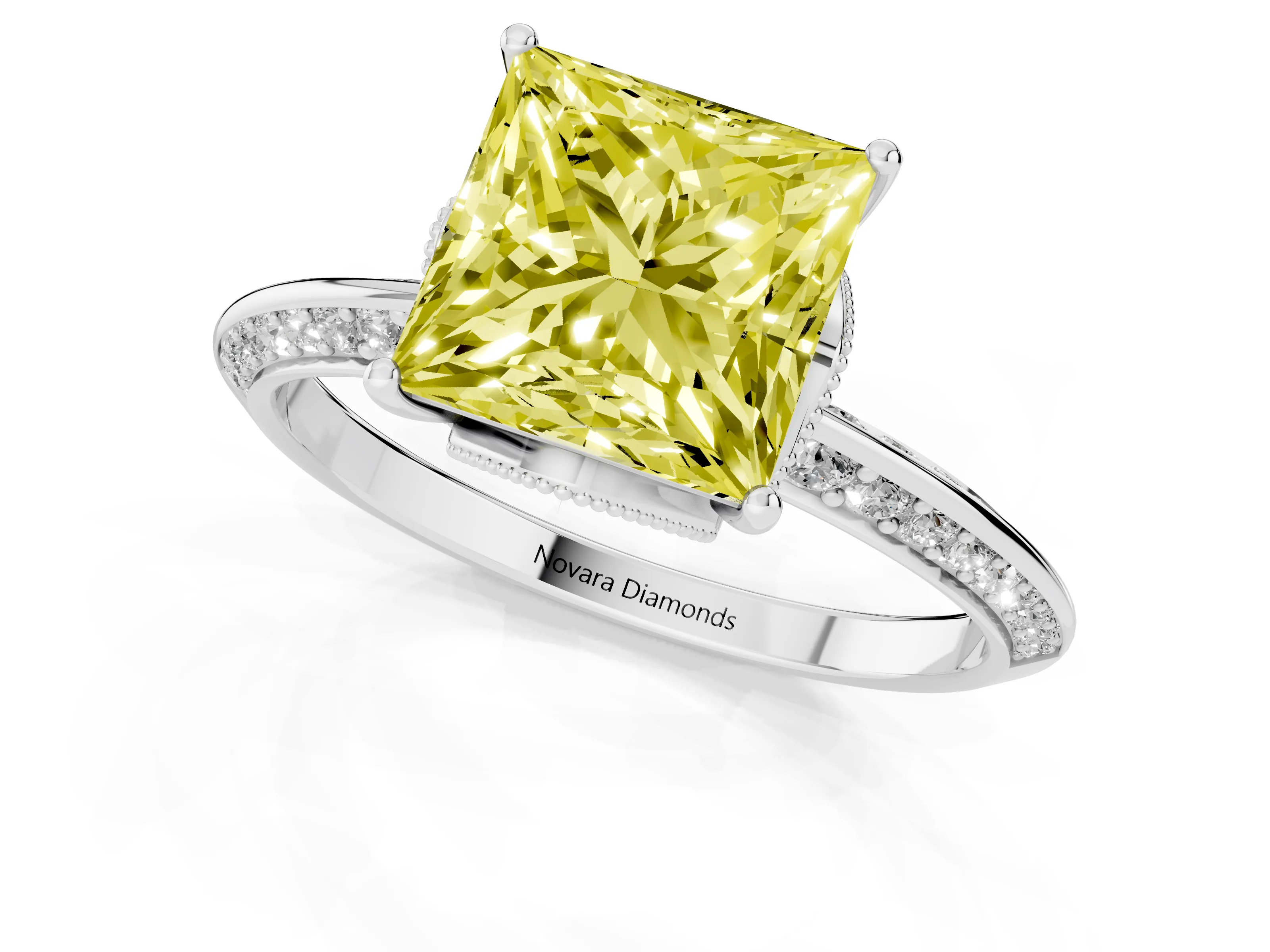 Fancy Yellow Princess Cut Diamond Solitaire Engagement Ring Set in White gold with Pavé Split Shank and Prong Setting