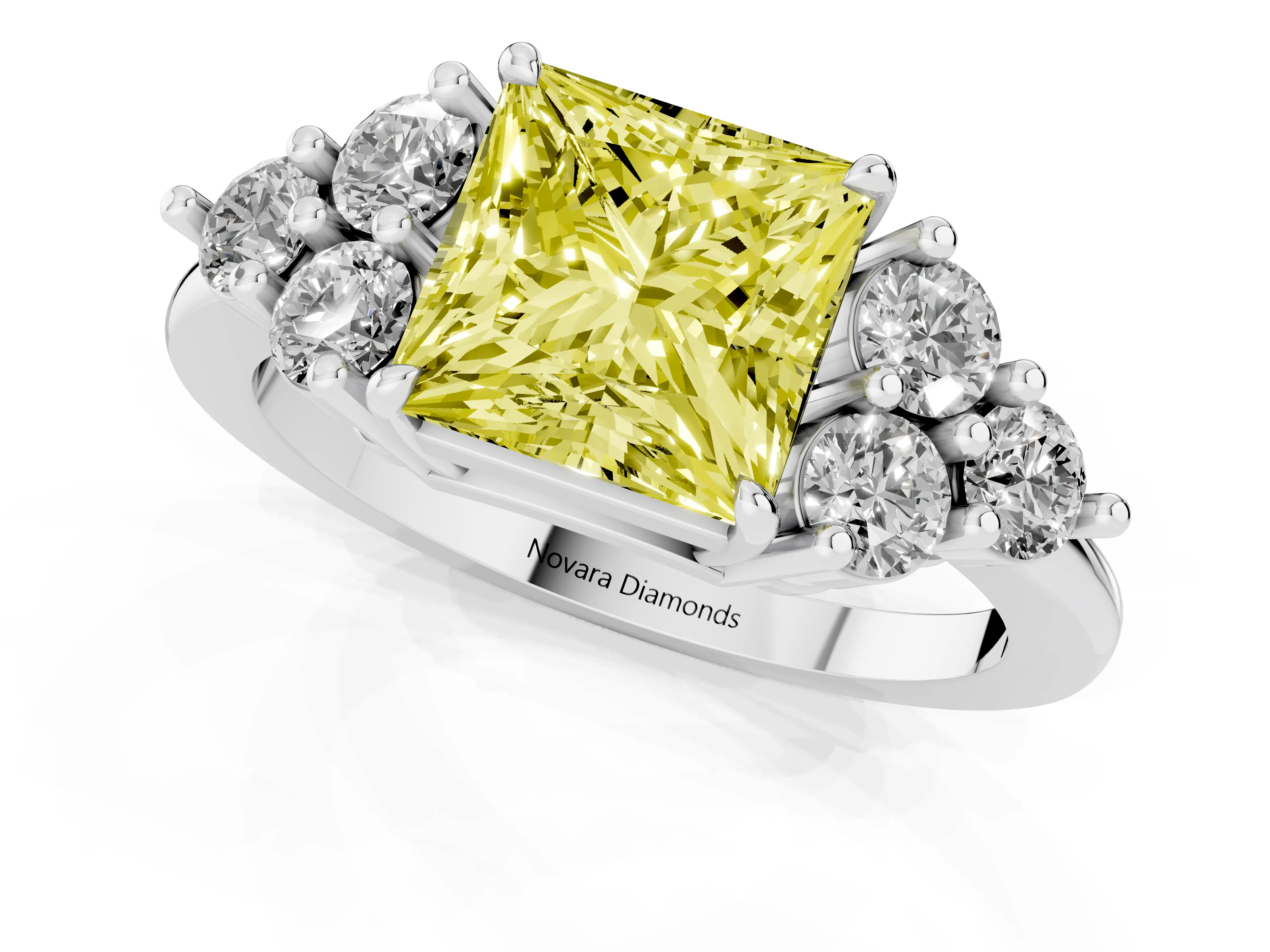 Fancy Yellow Princess Cut Diamond Solitaire Ring Set in Silver with Cluster Accents on Each Side