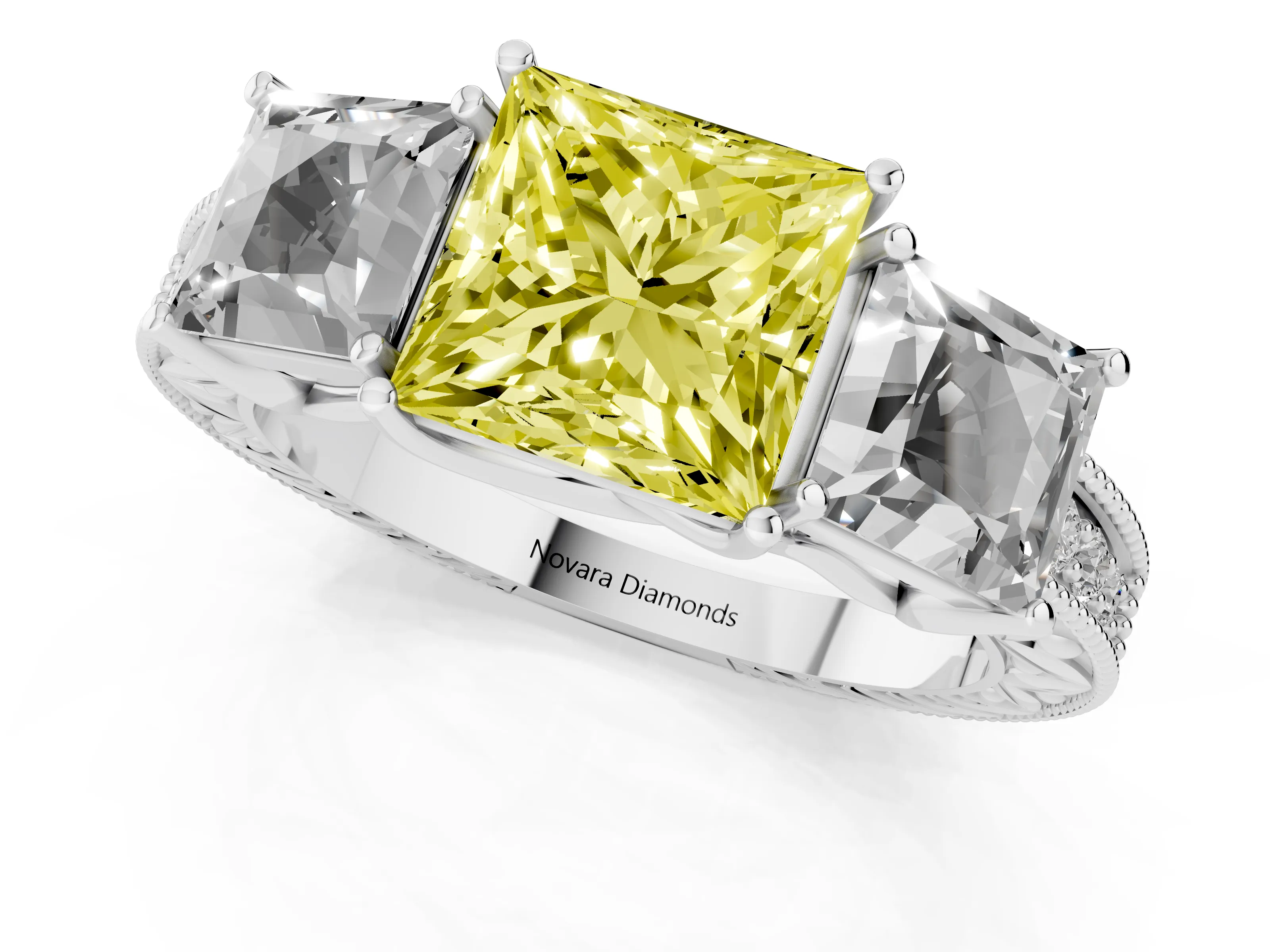 Fancy Yellow Princess Cut Diamond Three-Stone Engagement Ring Set in Silver with Milgrain Pavé Band – second view