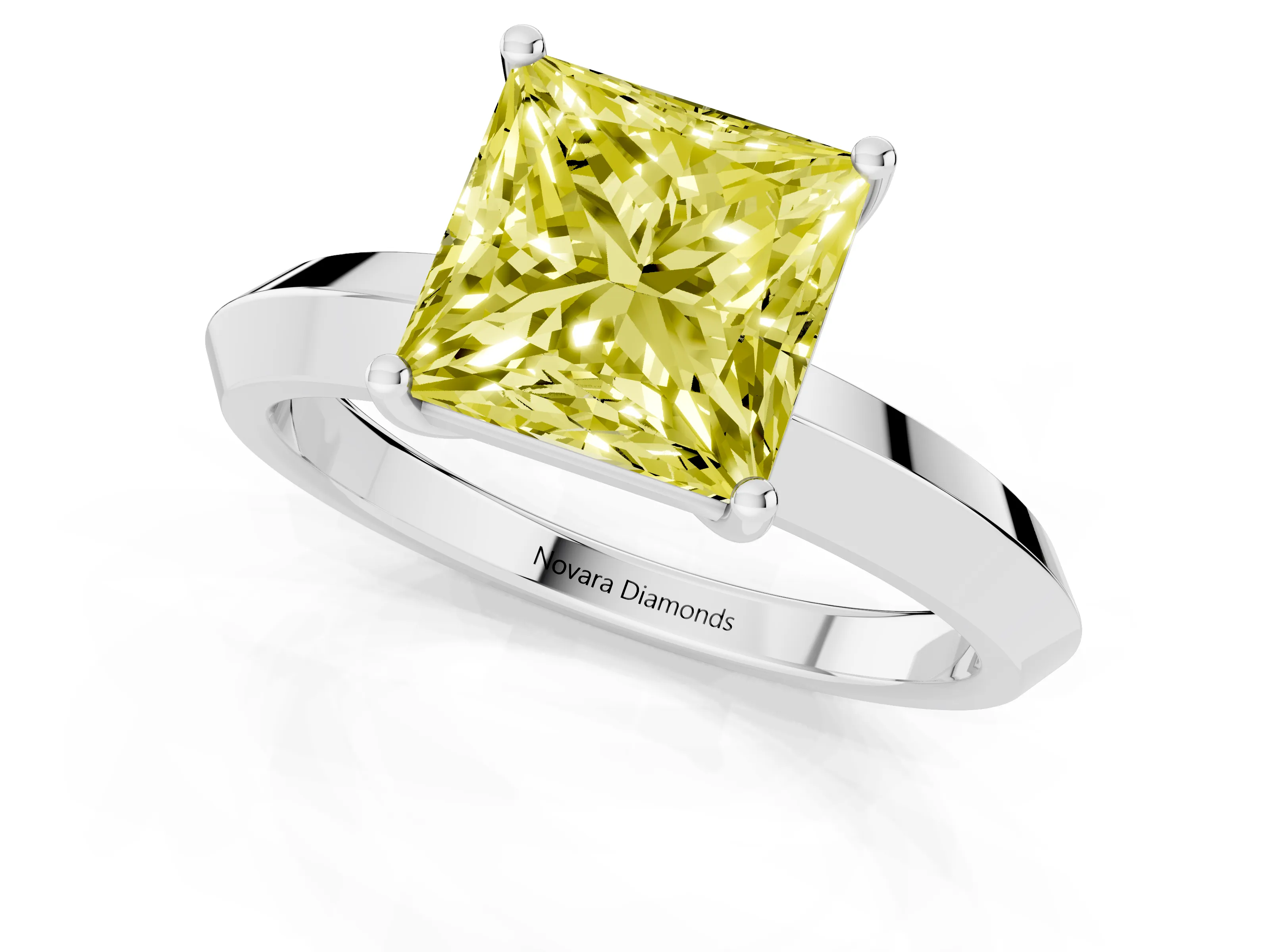 Fancy Yellow Princess Cut Diamond Solitaire Engagement Ring Set in Platinum with Flat Band and Prong Setting