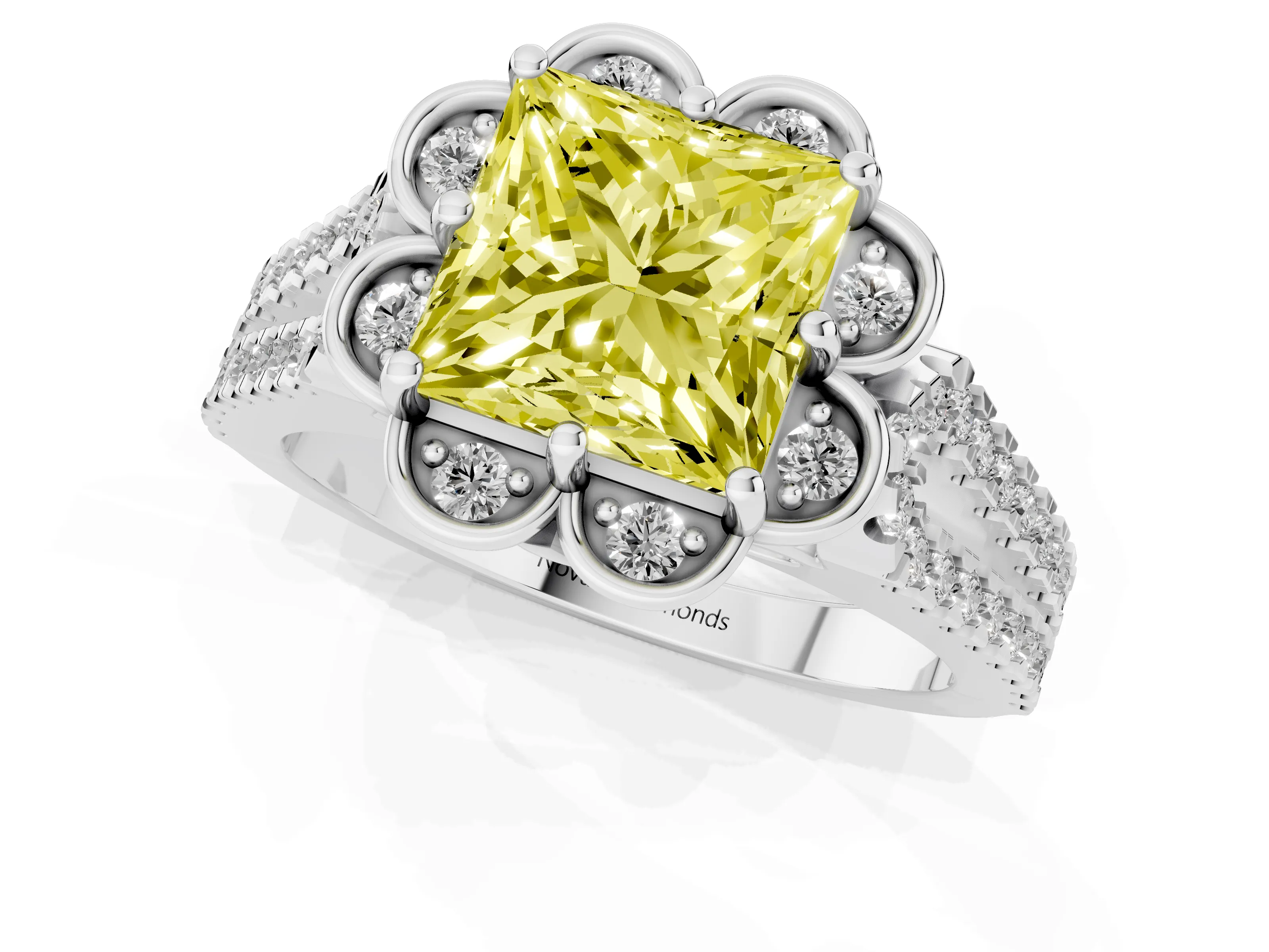Fancy Yellow Princess Cut Diamond Floral Halo Split Shank Engagement Ring Set in Platinum with Pavé Shank