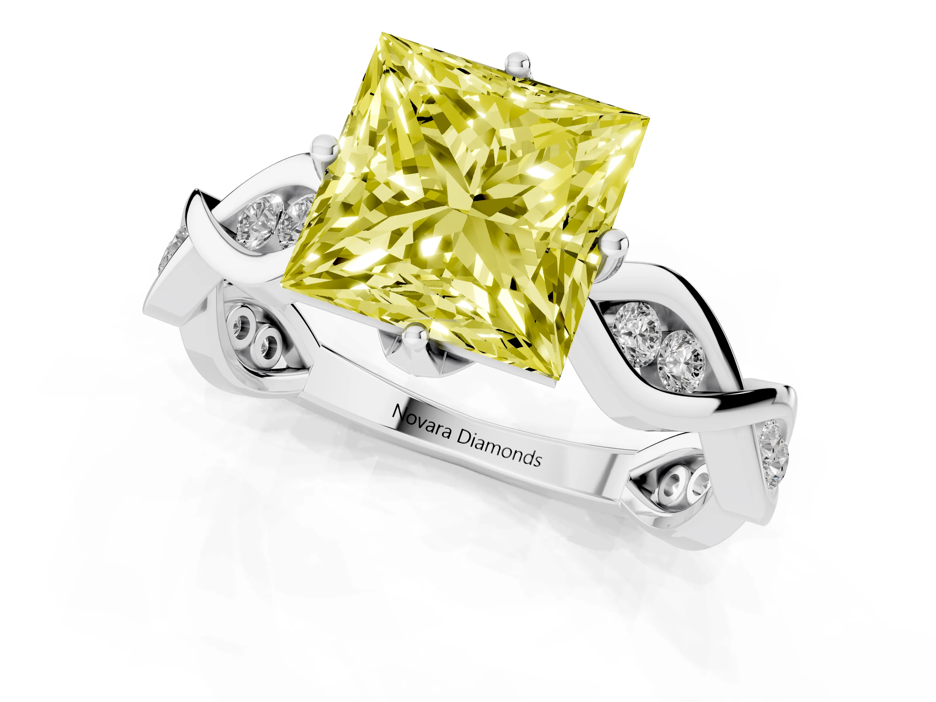 Fancy Yellow Princess Cut Diamond Twist Band Solitaire Ring Set in White gold with Leaf Prong Setting and Accent Stones