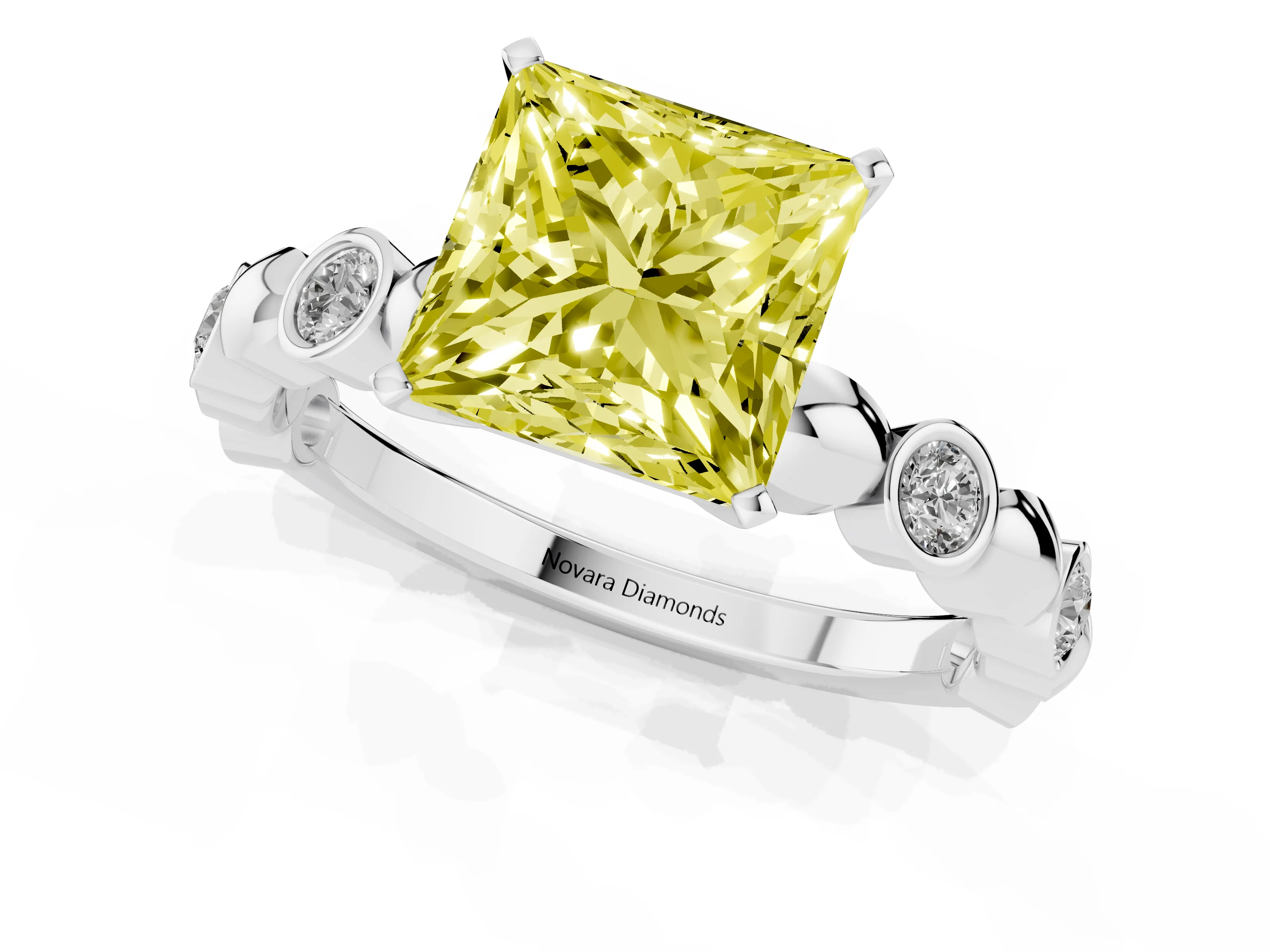 Fancy Yellow Princess Cut Diamond Solitaire Ring Set in Platinum with Bezel-Set Accents on Beaded Band and Prong Setting