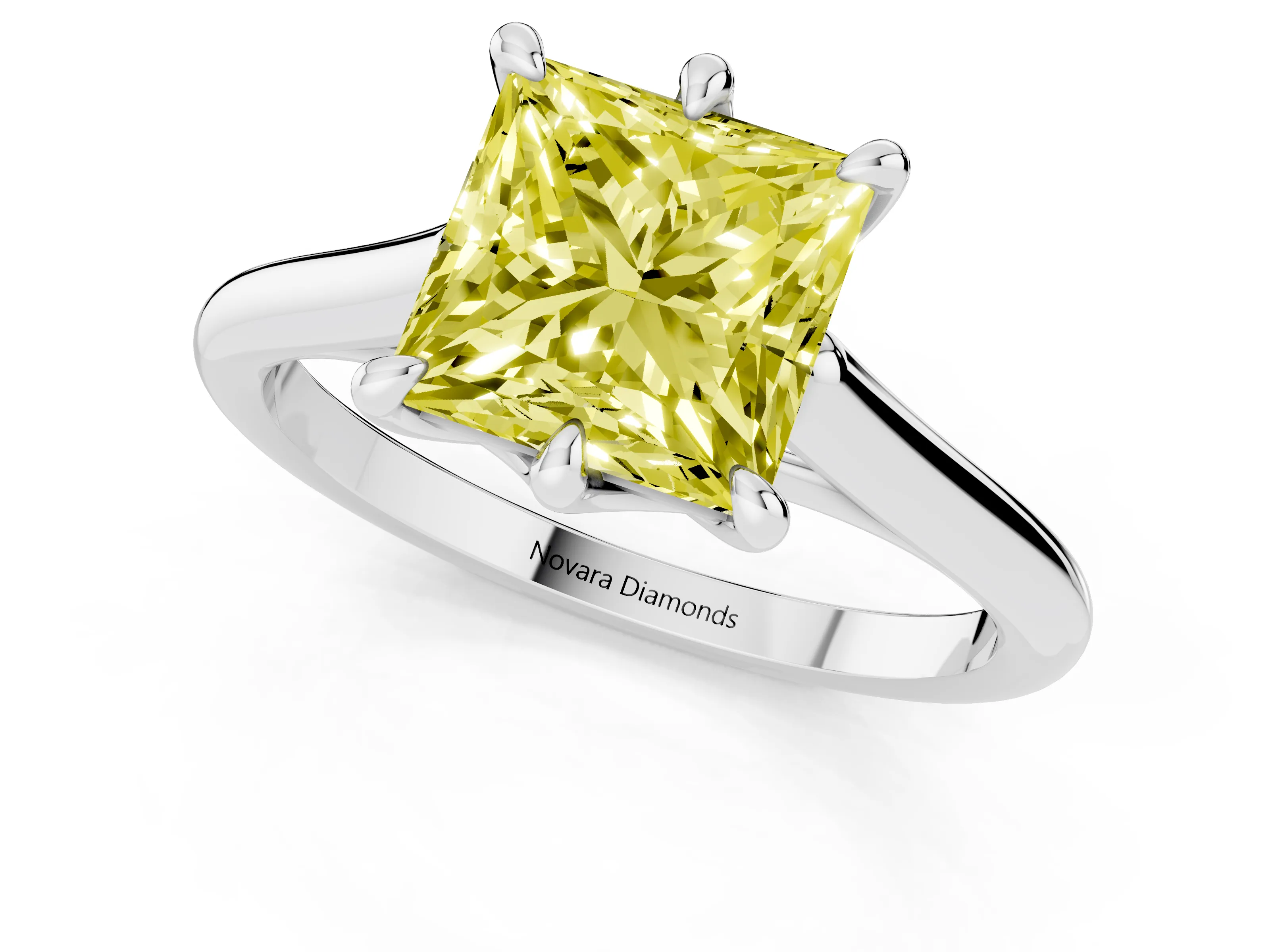 Fancy Yellow Princess Cut Diamond Solitaire Engagement Ring Set in Platinum with Prong Setting and Plain Classic Band