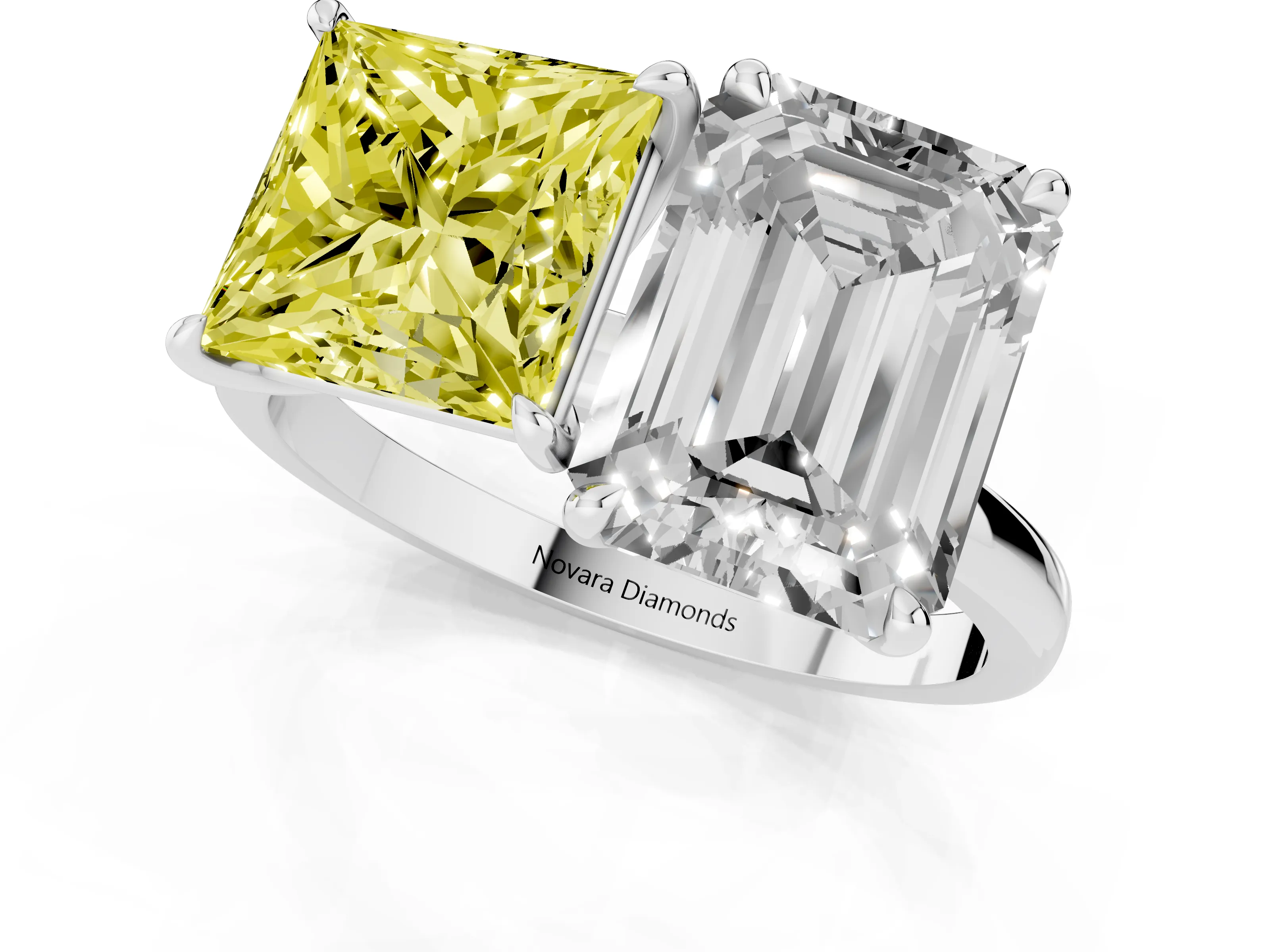 Fancy Yellow Princess Cut and Emerald Cut Toi Moi Ring Set in White gold with Prong Setting