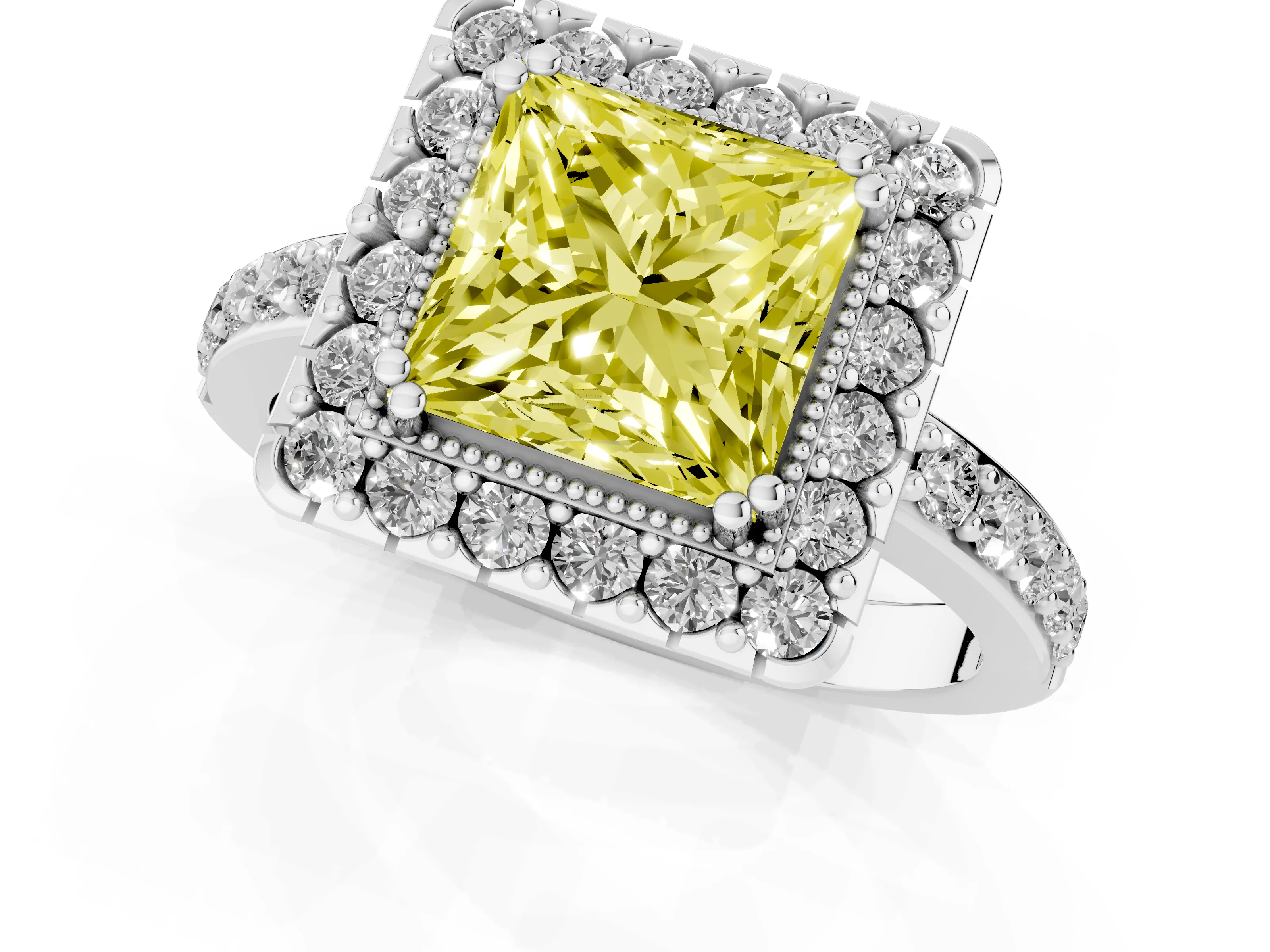 Fancy Yellow Princess Cut Diamond Halo Ring Set in Silver with Pavé Shank and Prong Setting