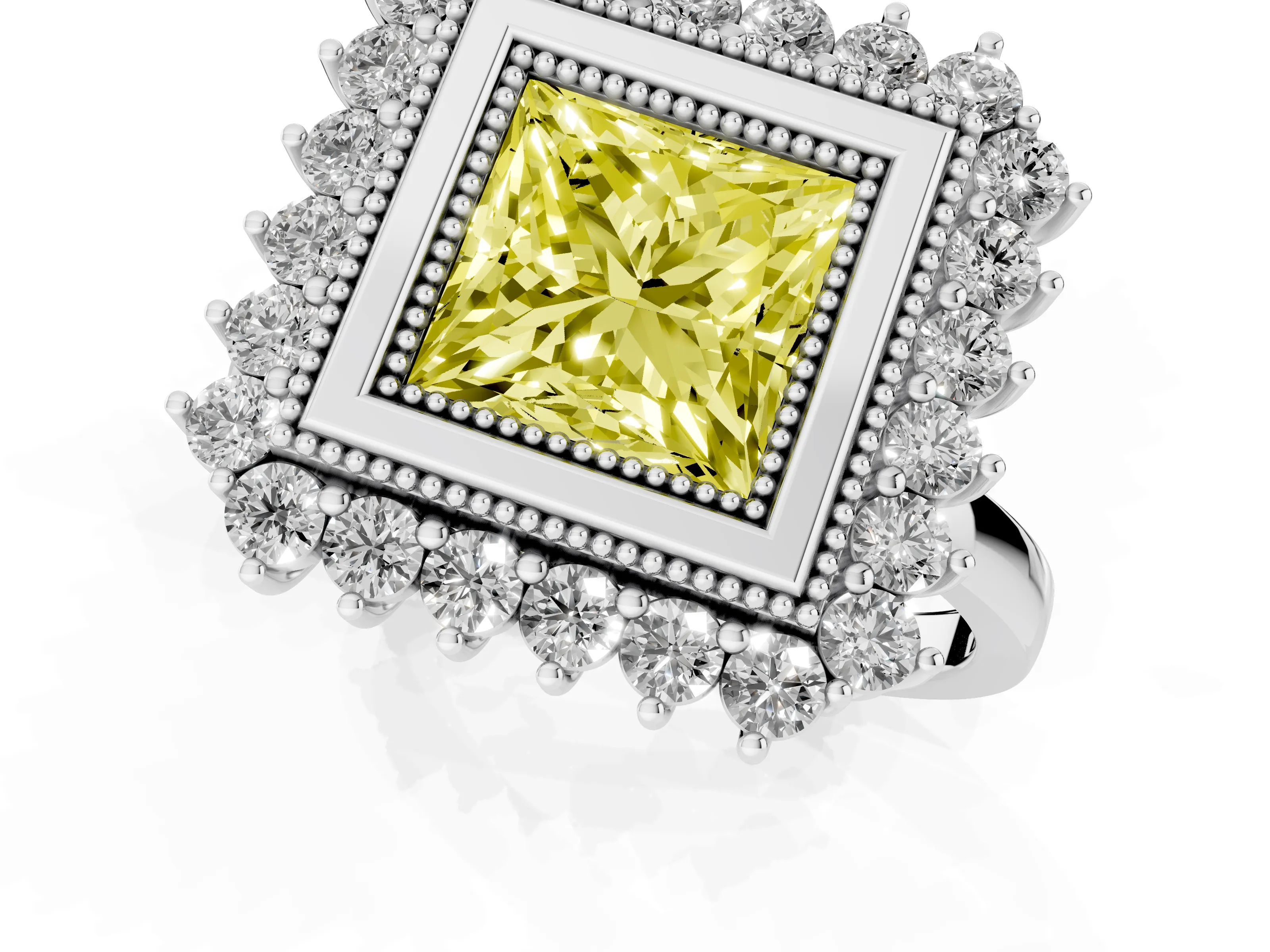 Fancy Yellow Princess Cut Diamond Halo Ring Set in Platinum with Milgrain Edge and Round Prong Setting