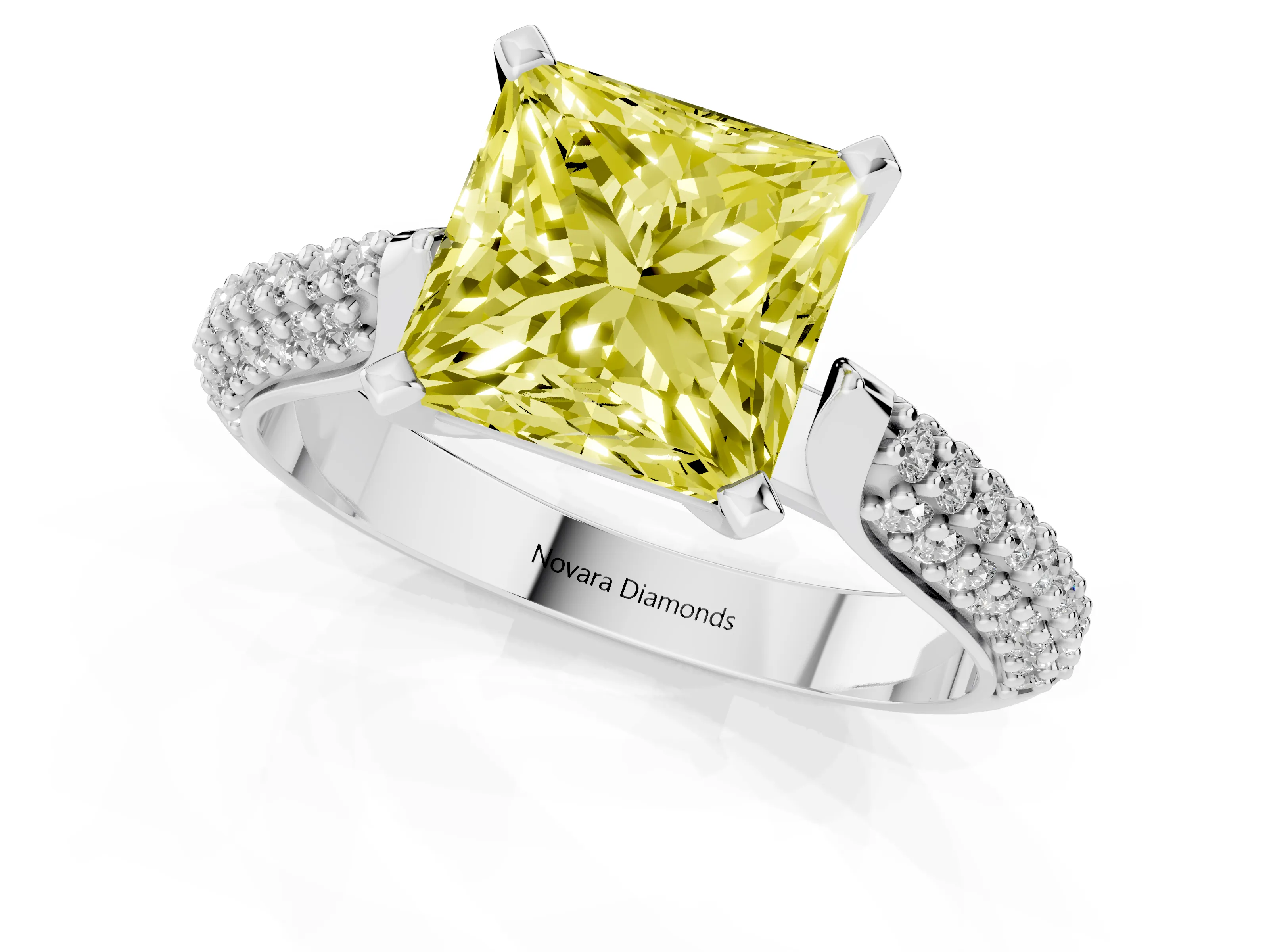Fancy Yellow Princess Cut Diamond Solitaire Engagement Ring Set in Platinum with Multi-Row Round Pavé Band and Prong Setting