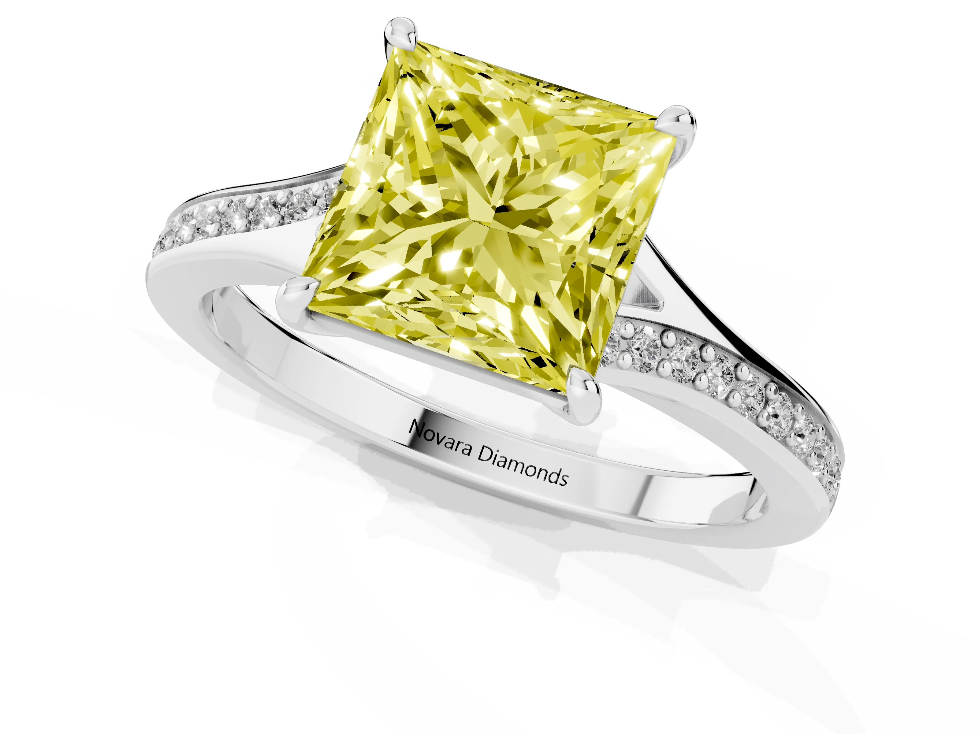 Fancy Yellow Princess Cut Diamond Solitaire Ring Set in Silver with Pavé Accent Band and Classic Prong Setting
