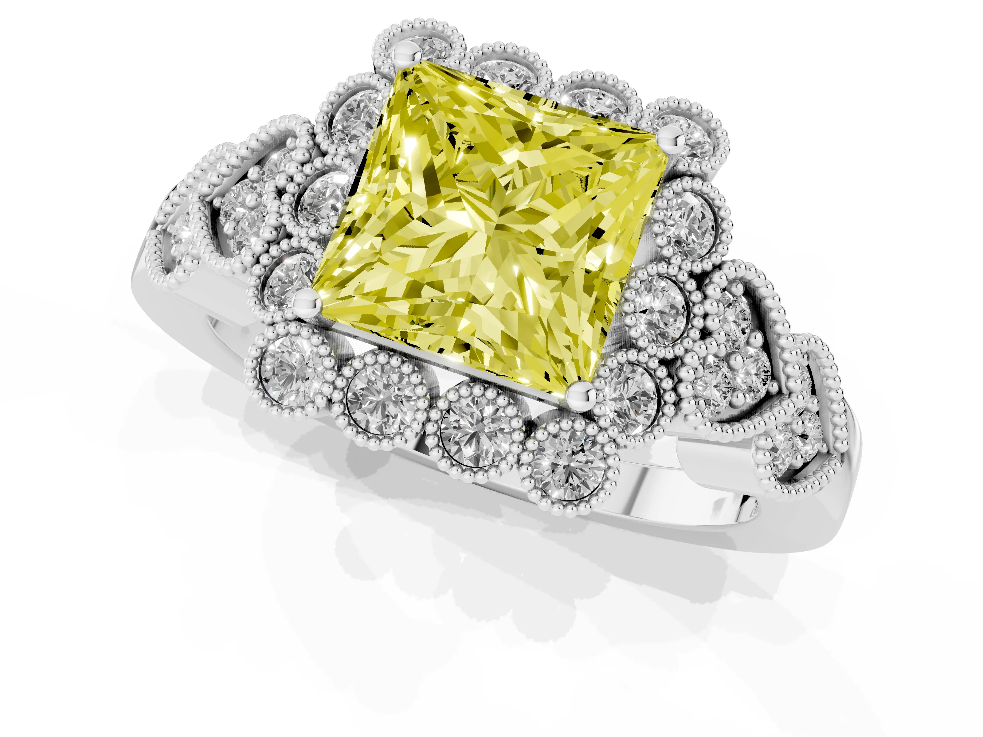 Fancy Yellow Princess Cut Diamond Solitaire Ring Set in Silver with Milgrain Pavé Heart Band