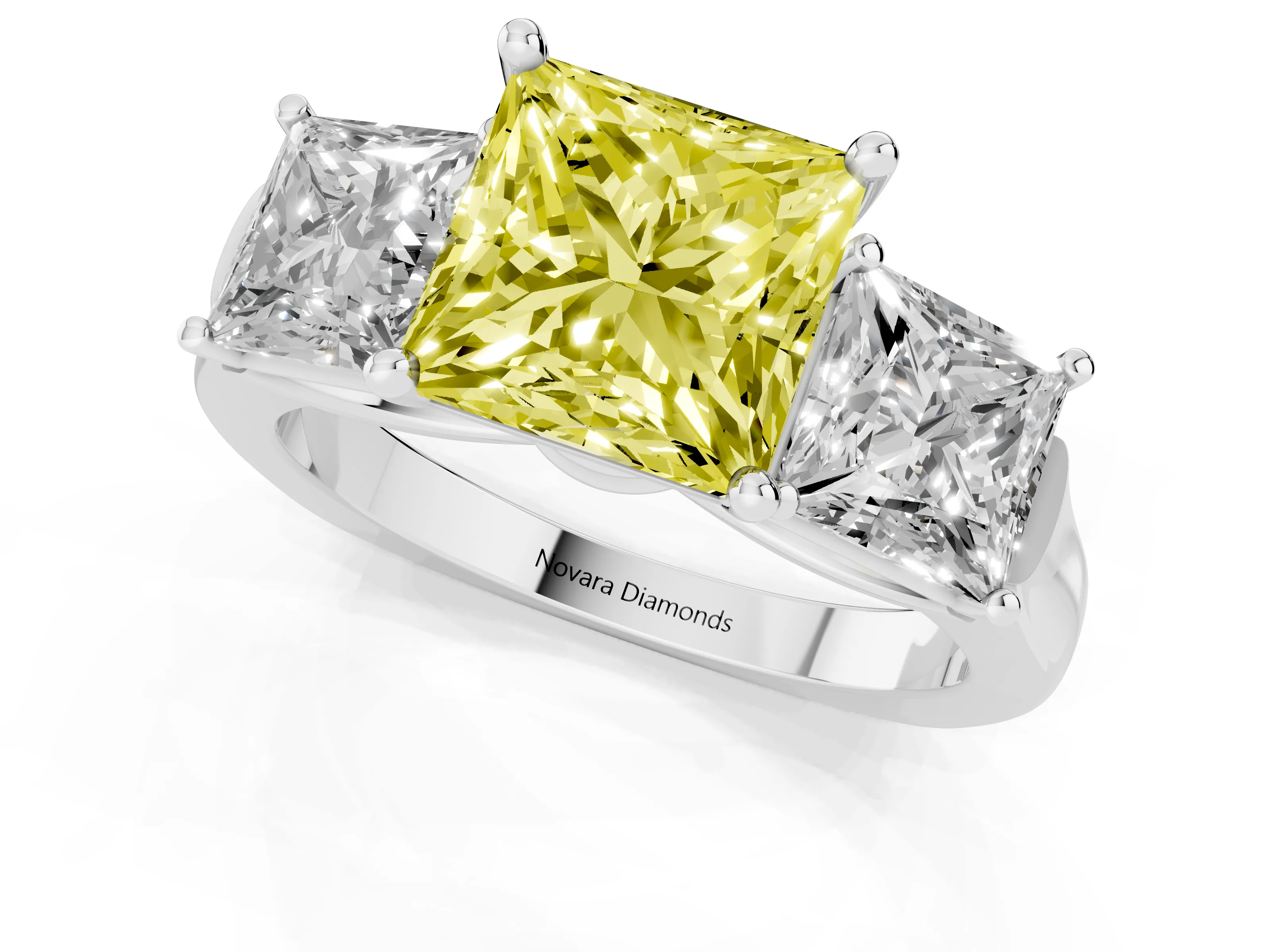 Fancy Yellow Princess Cut Diamond Three-Stone Trellis Ring Set in Silver with Comfort Fit Band
