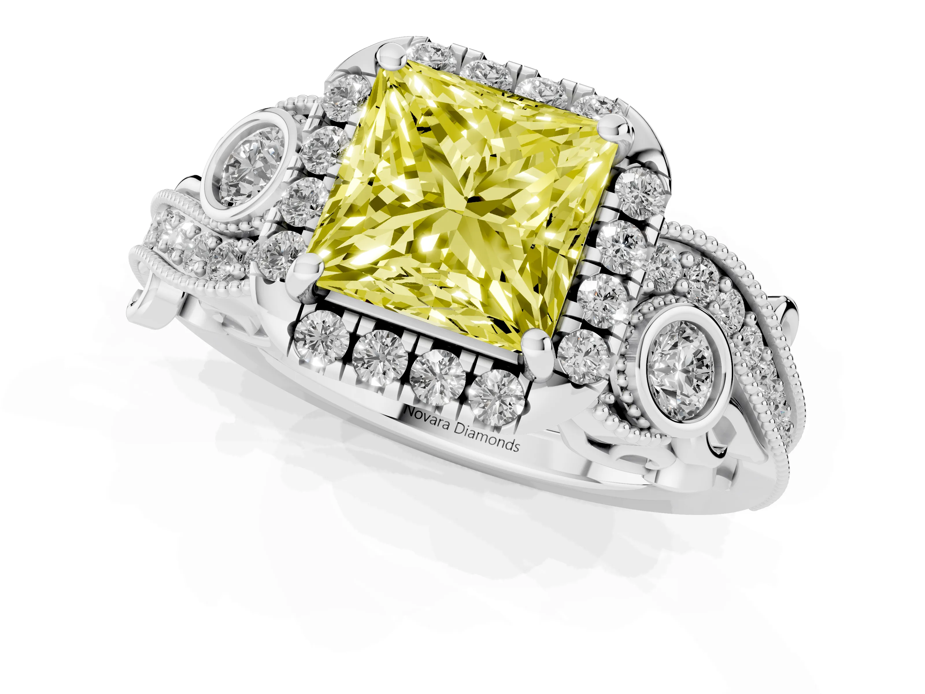 Fancy Yellow Princess Cut Diamond Halo Ring Set in Platinum with Milgrain Pavé Band and Prong Setting