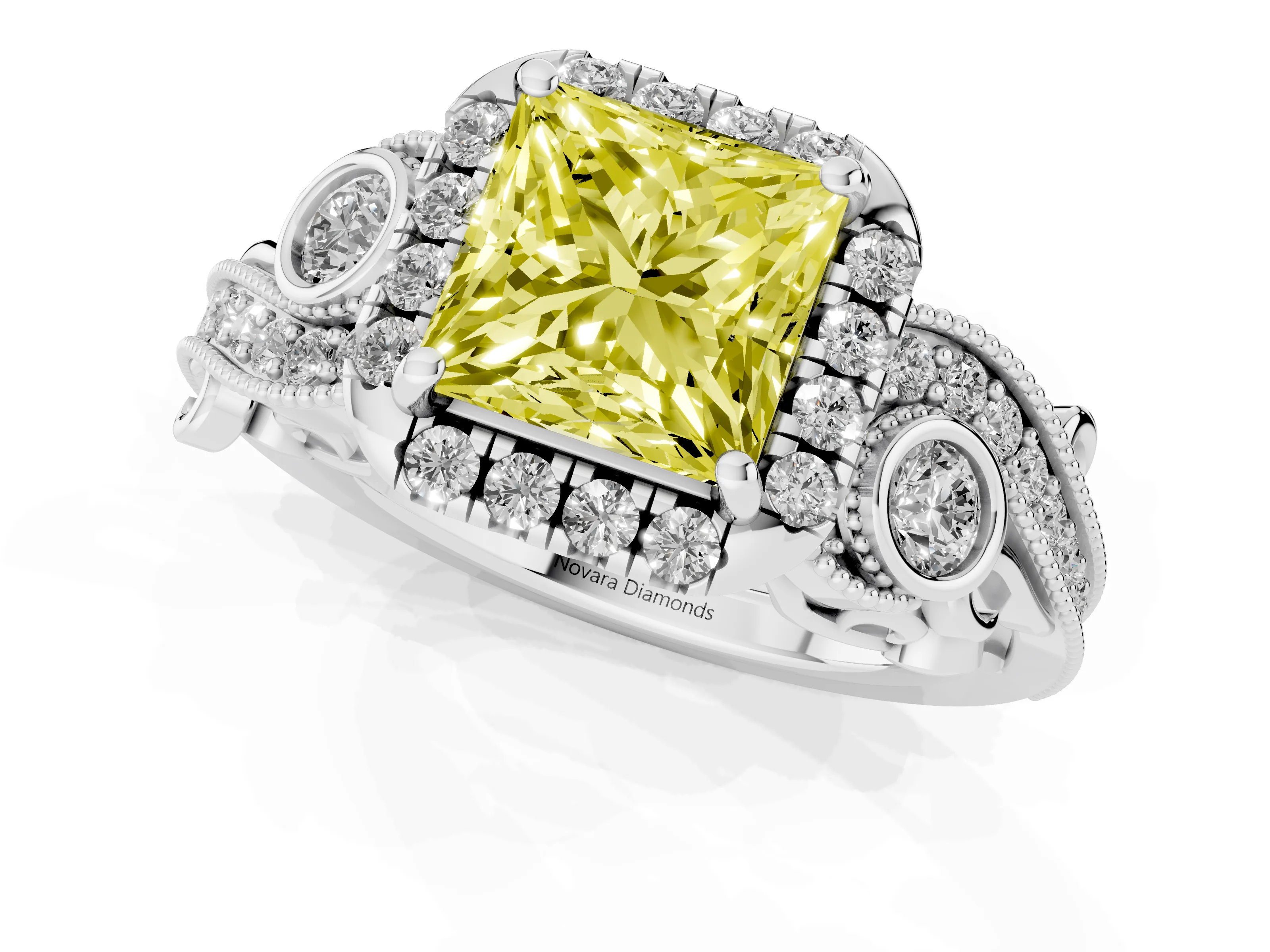 Fancy Yellow Princess Cut Diamond Halo Split Shank Ring Set in White gold with Milgrain and Bezel Accents