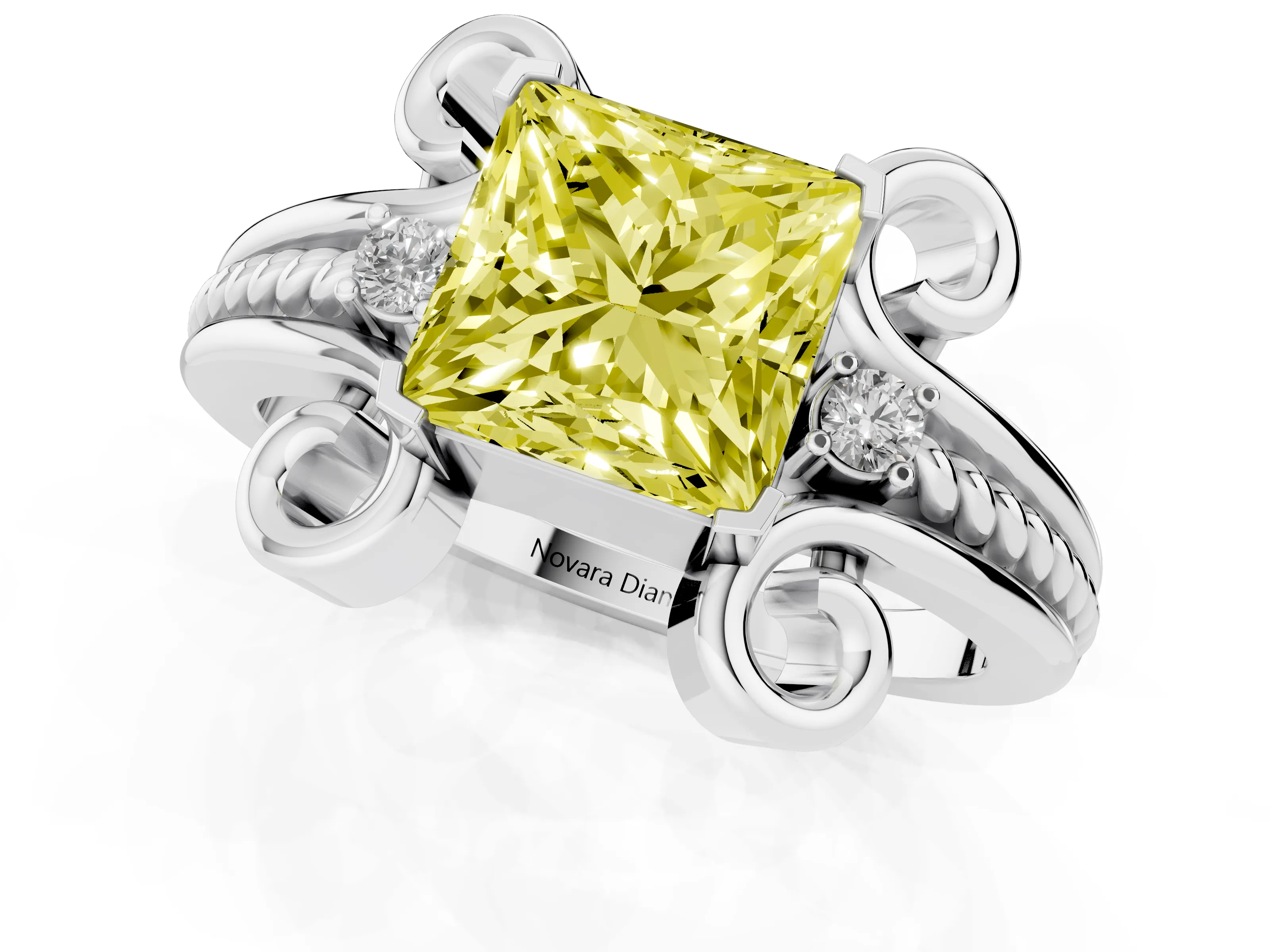 Fancy Yellow Princess Cut Diamond Twisted Band Solitaire Ring Set in White gold with Scroll Prongs