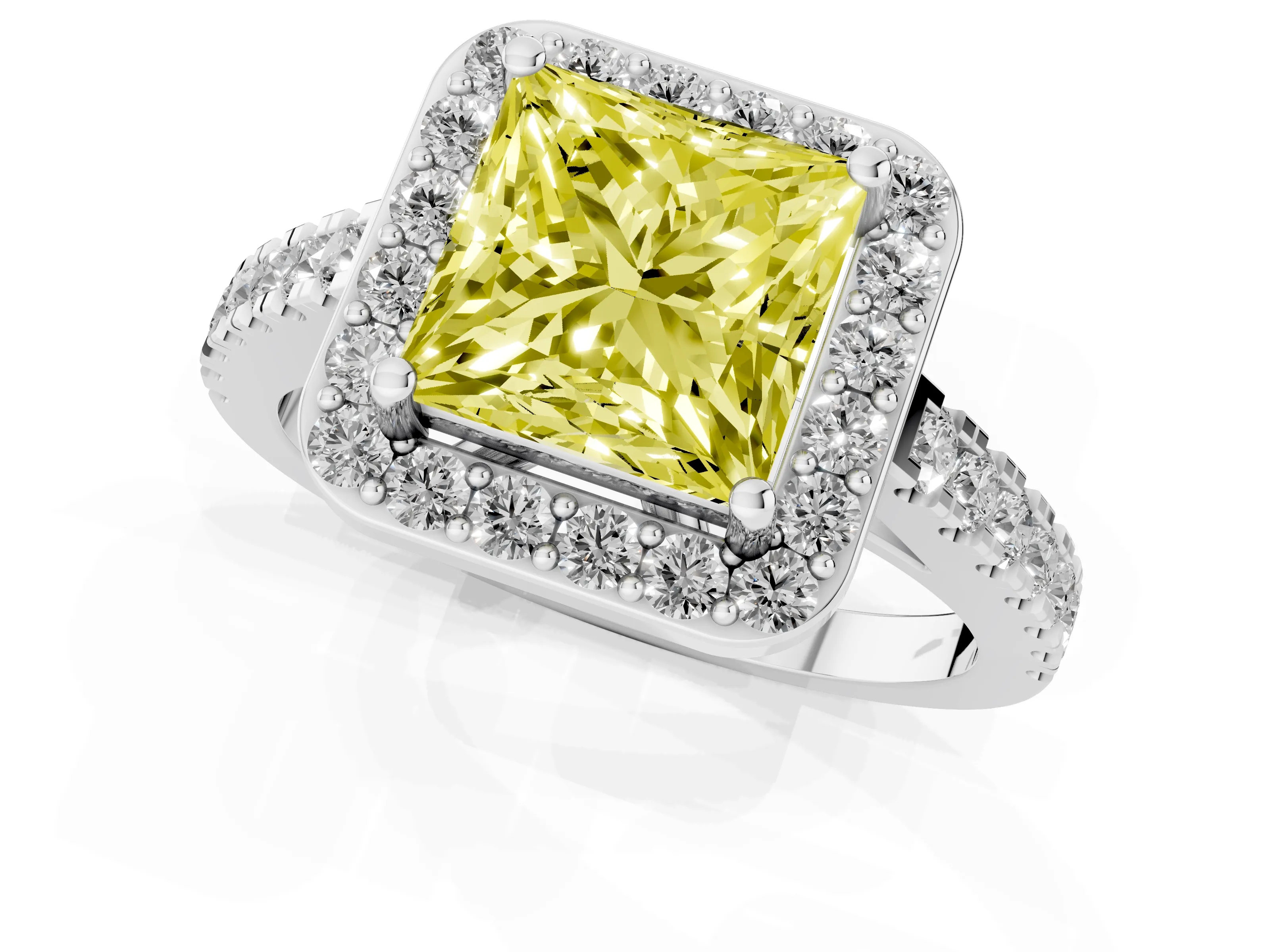 Fancy Yellow Princess Cut Diamond Halo Ring Set in White gold with Round Pavé Split Shank and Prong Setting