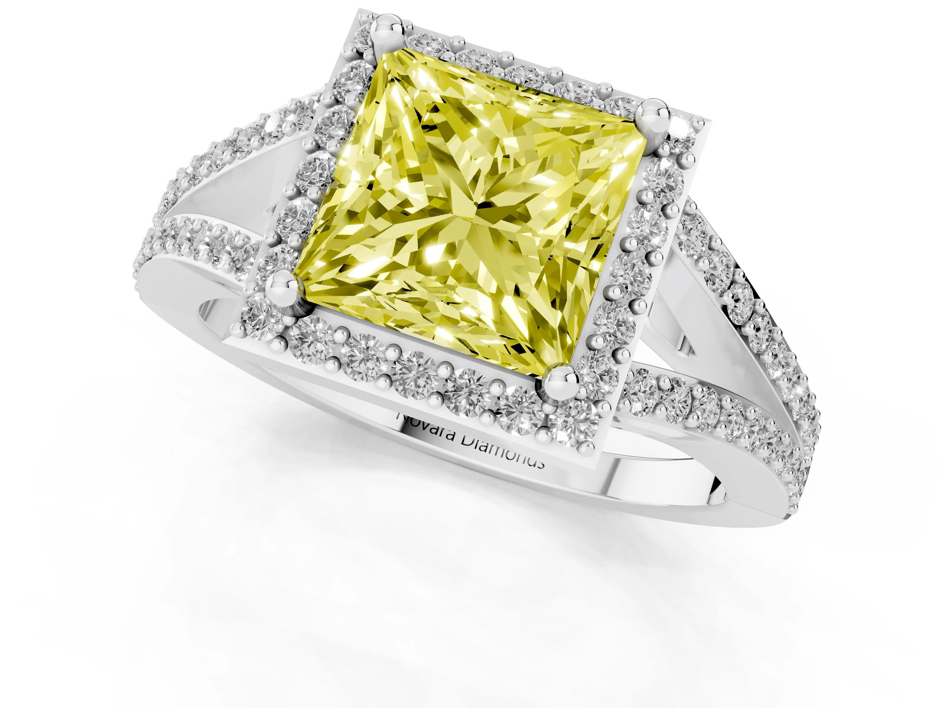 Fancy Yellow Princess Cut Diamond Halo Split Shank Pavé Ring Set in Silver with Prong Setting