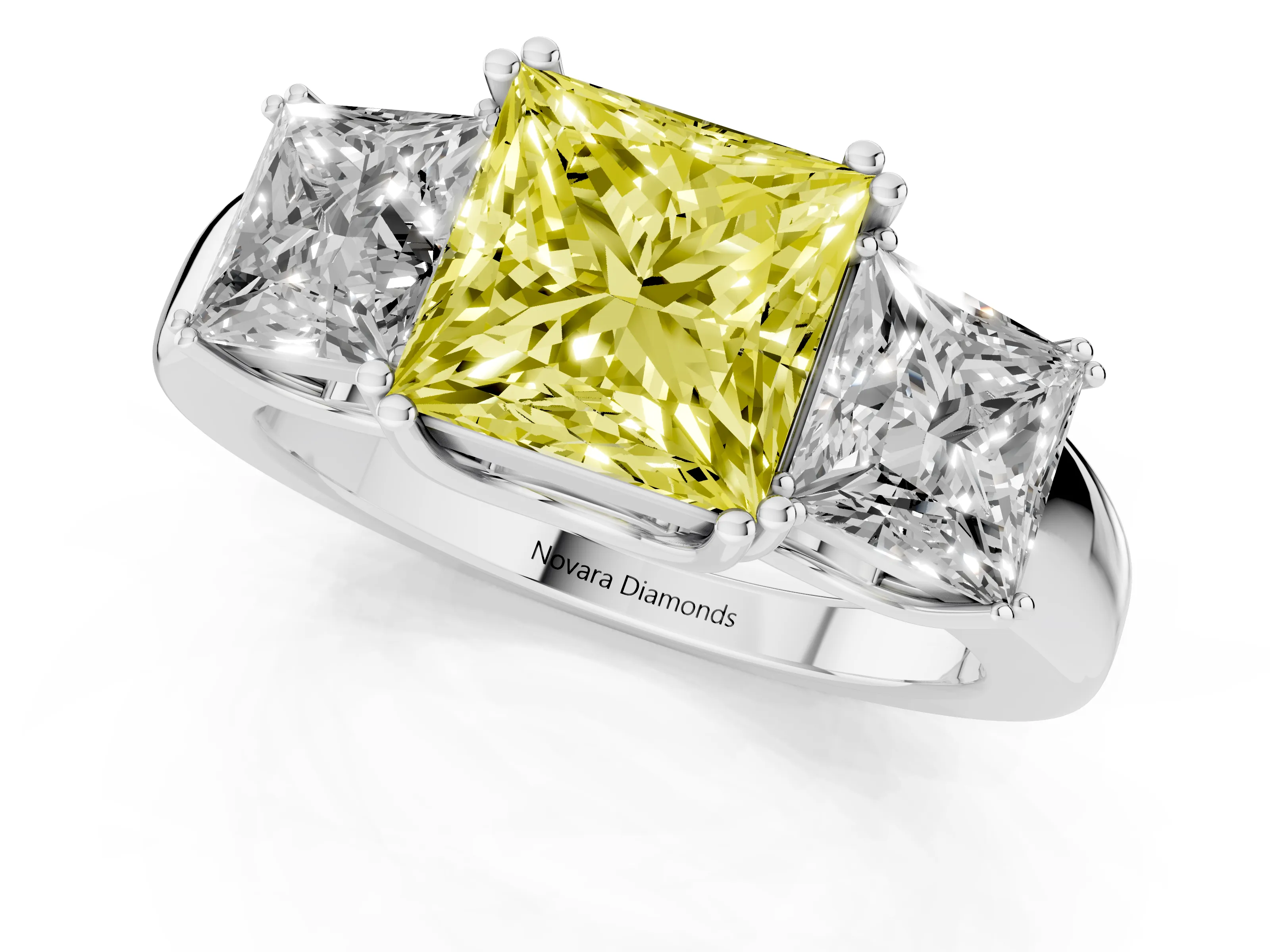 Fancy Yellow Princess Cut Diamond Three-Stone Ring Set in White gold with Polished Channel-Set Band