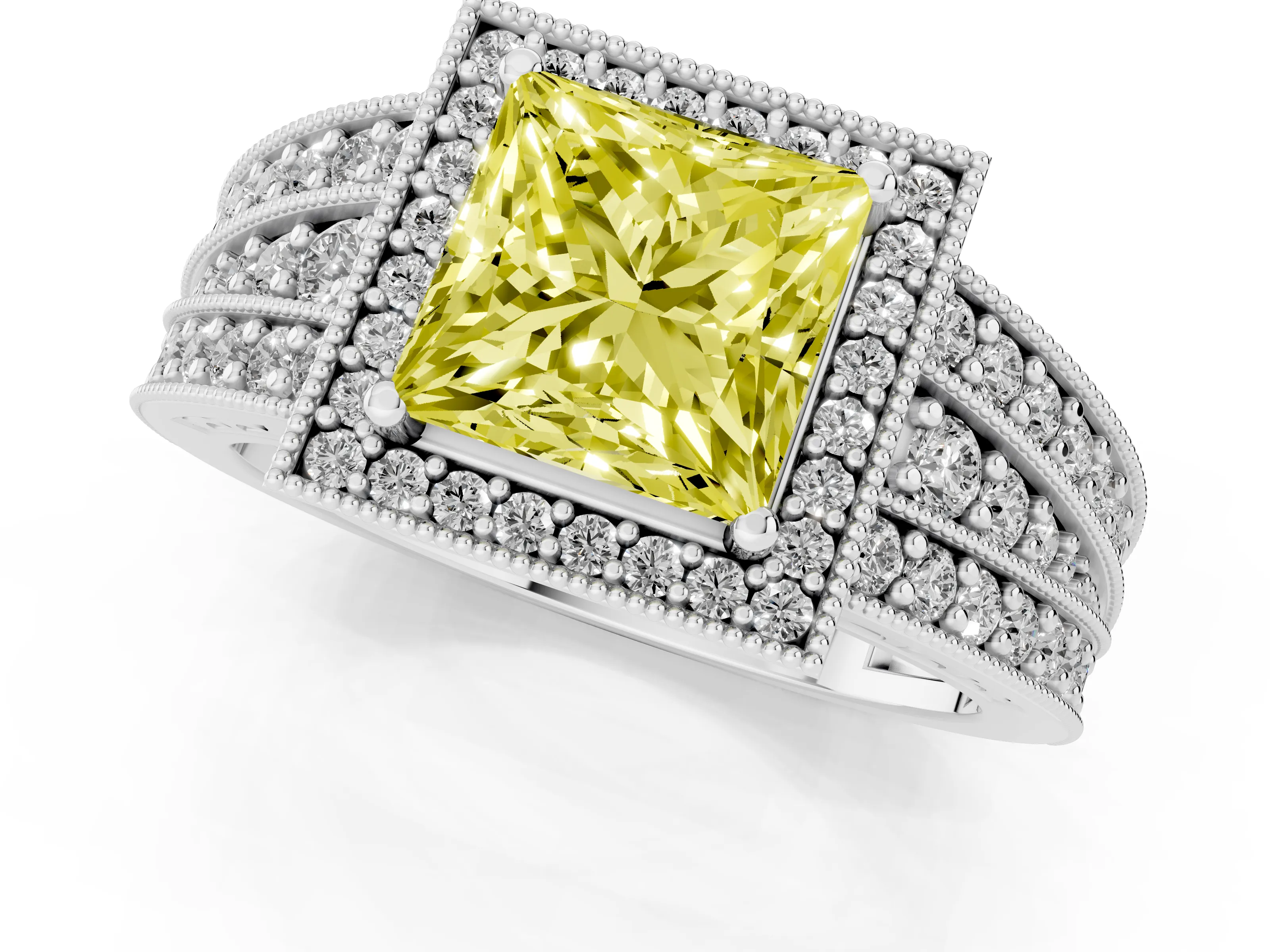 Fancy Yellow Princess Cut Diamond Halo Ring Set in White gold with Accent Split Shank and Prong Setting