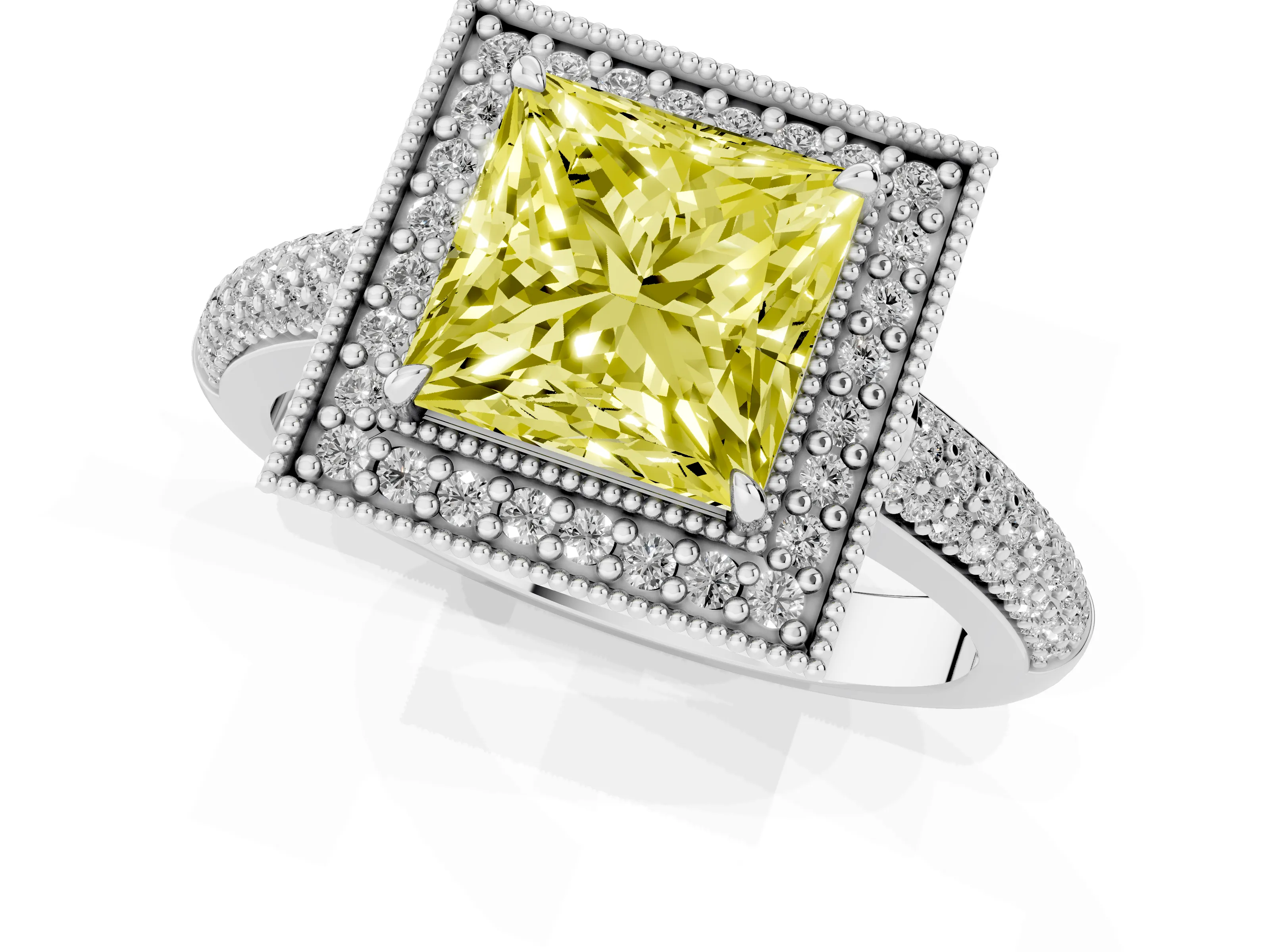 Fancy Yellow Princess Cut Diamond Halo Pavé Band Set in Platinum with Prong Setting