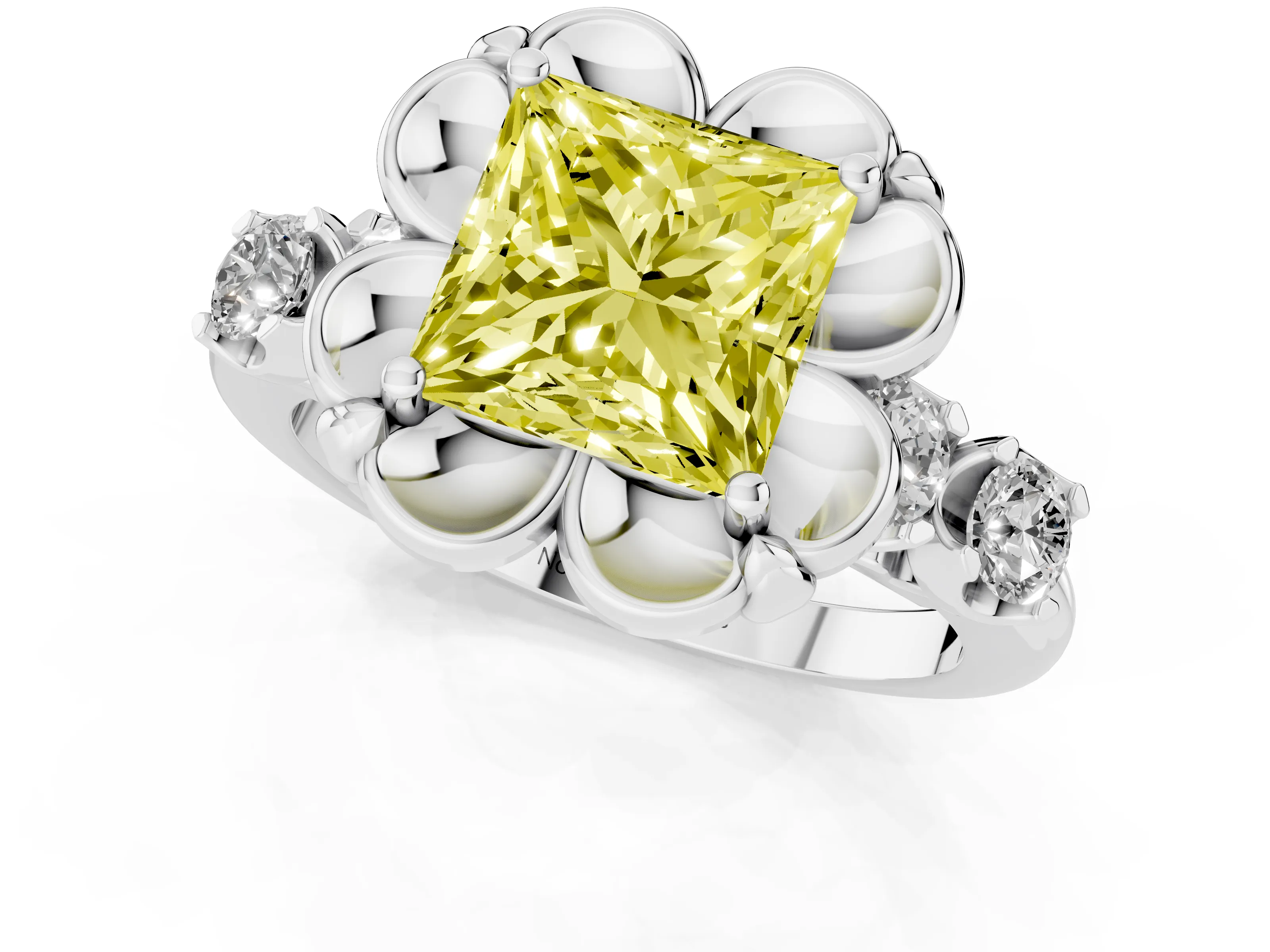 Fancy Yellow Princess Cut Diamond Floral Halo Ring Set in Silver with Shared Prong Band