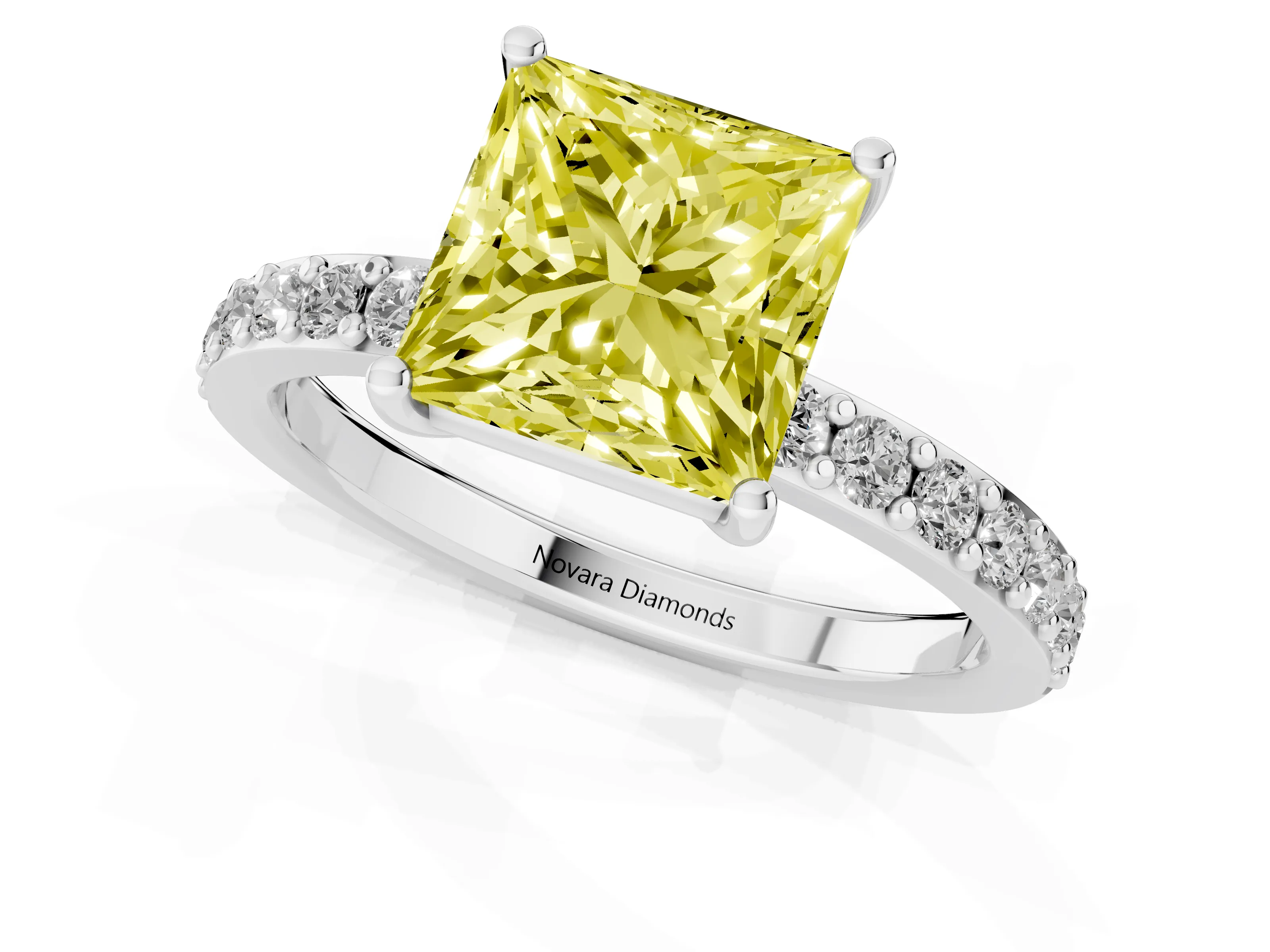 Fancy Yellow Princess Cut Diamond Solitaire Set in White gold with Round Pavé Band and Prong Setting