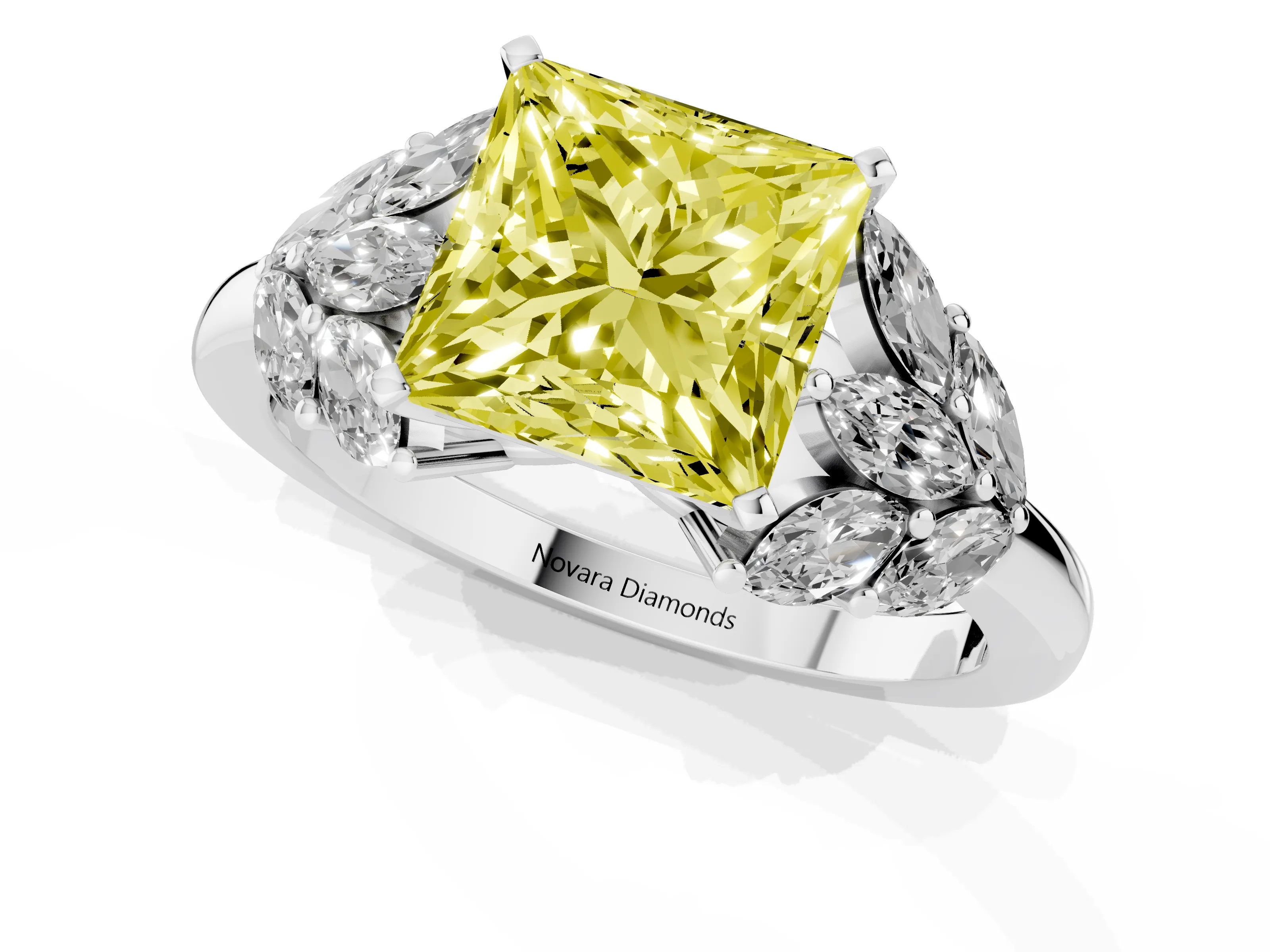 Fancy Yellow Princess Cut Diamond Cluster Leaf Design Ring Set in White gold with Prong Setting