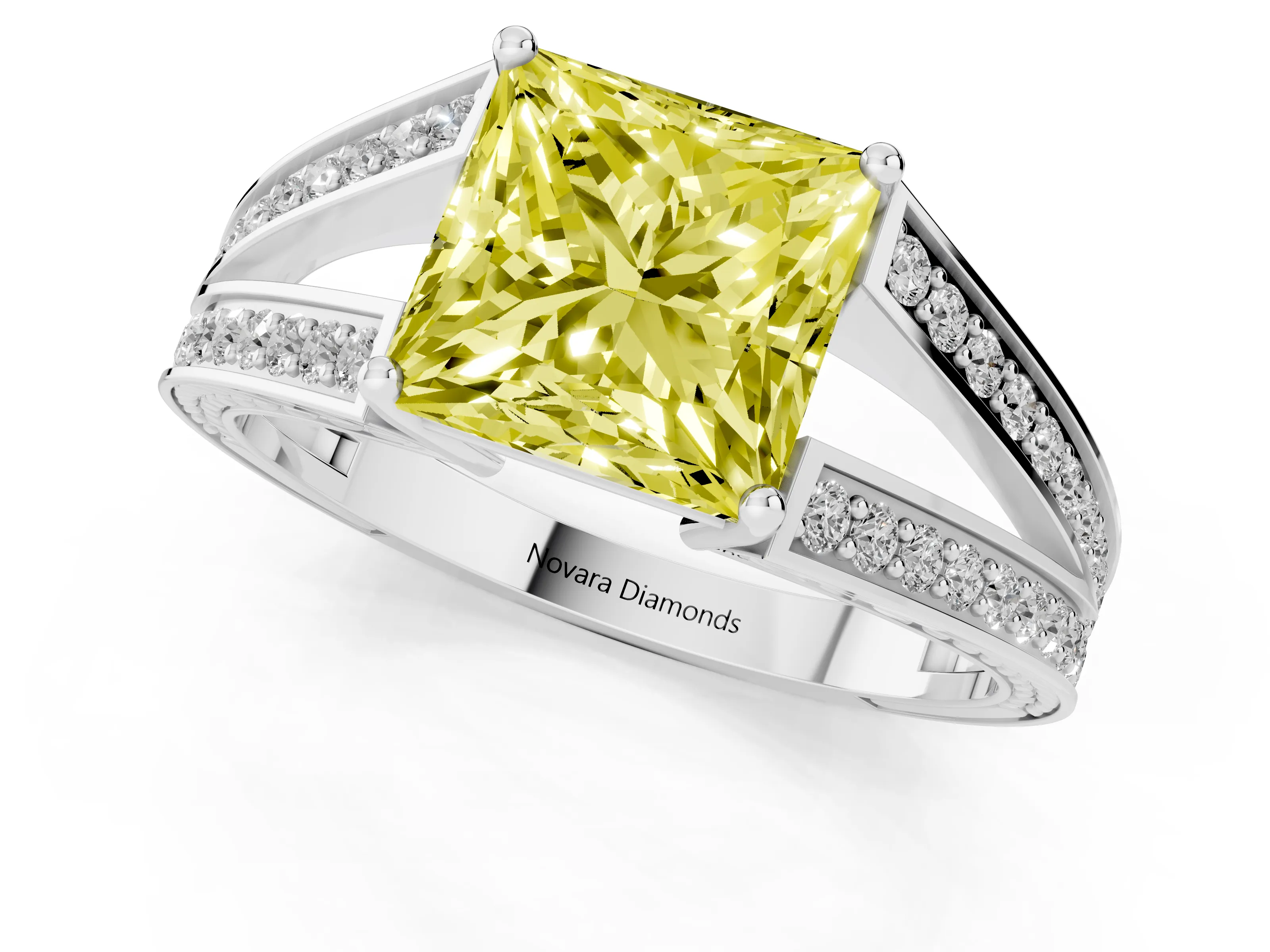 Fancy Yellow Princess Cut Diamond Split Shank Ring Set in Platinum with Pavé Band and Prong Setting