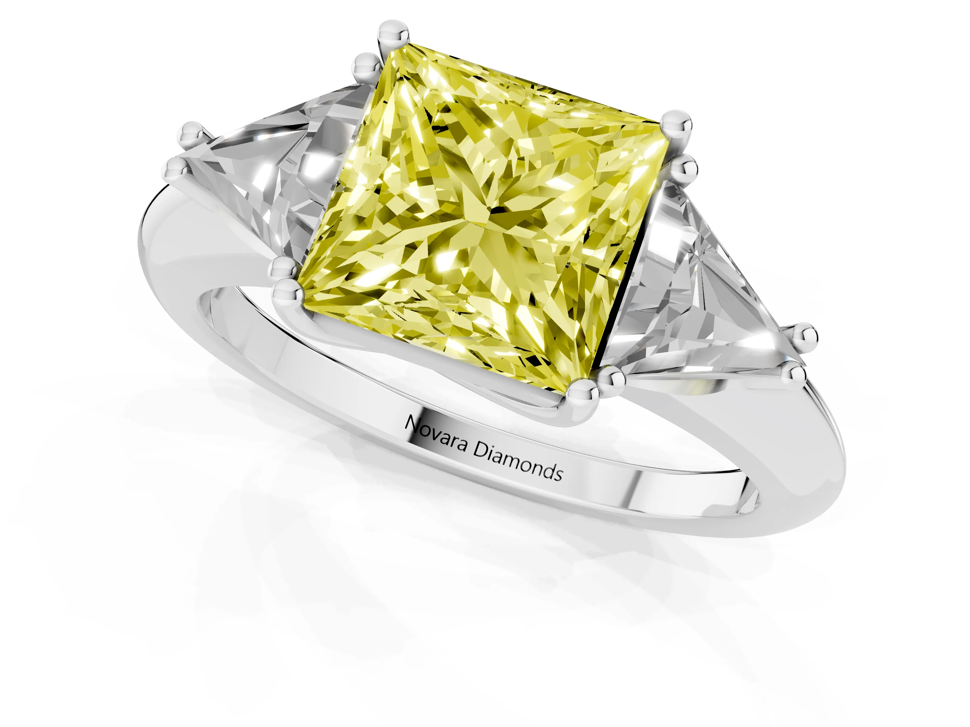 Fancy Yellow Princess Cut Diamond Three-Stone Engagement Ring Set in Platinum with Trillion Side Stones
