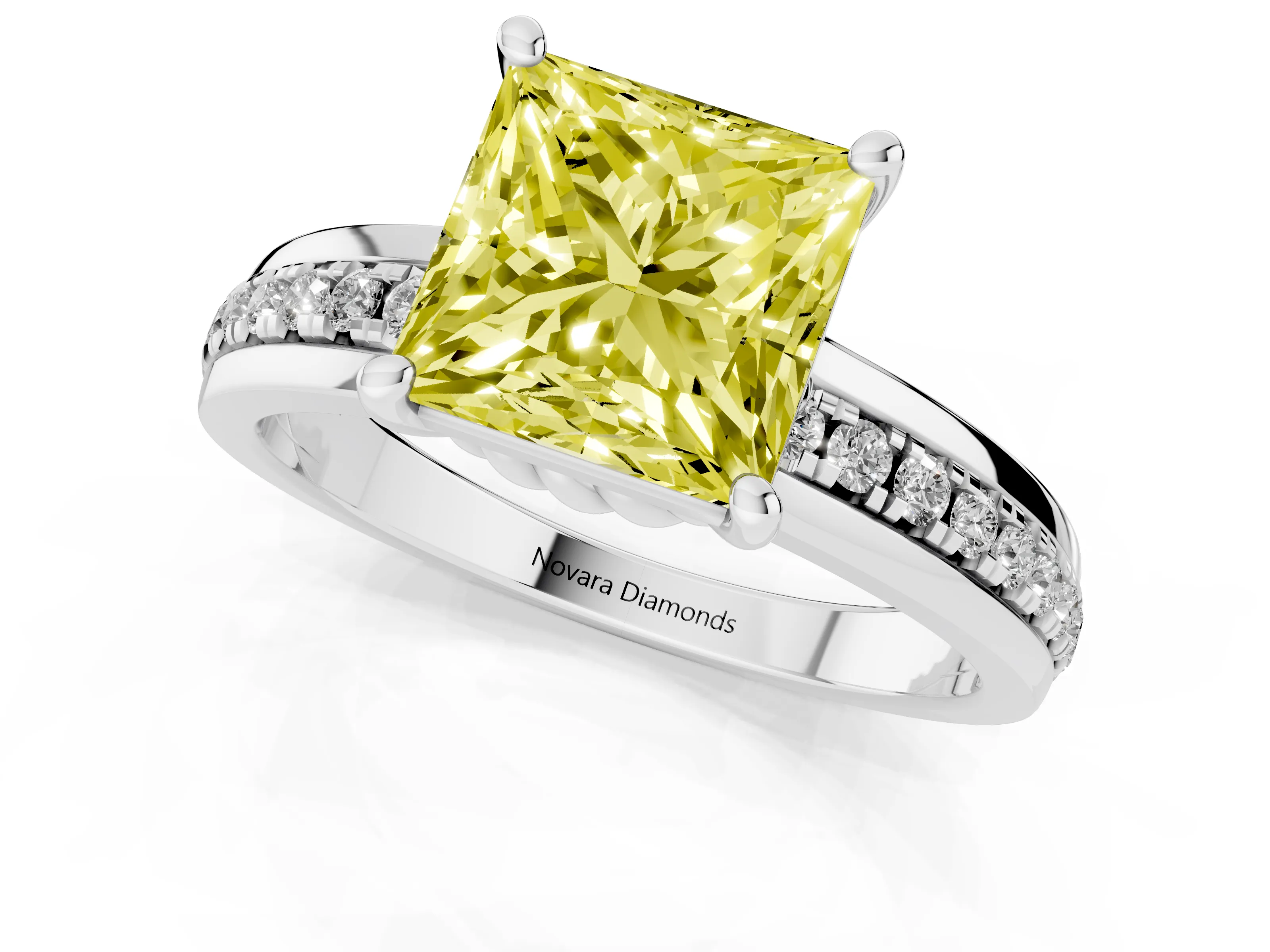 Fancy Yellow Princess Cut Diamond Solitaire Ring Set in White gold with Channel Set Band and Prong Setting