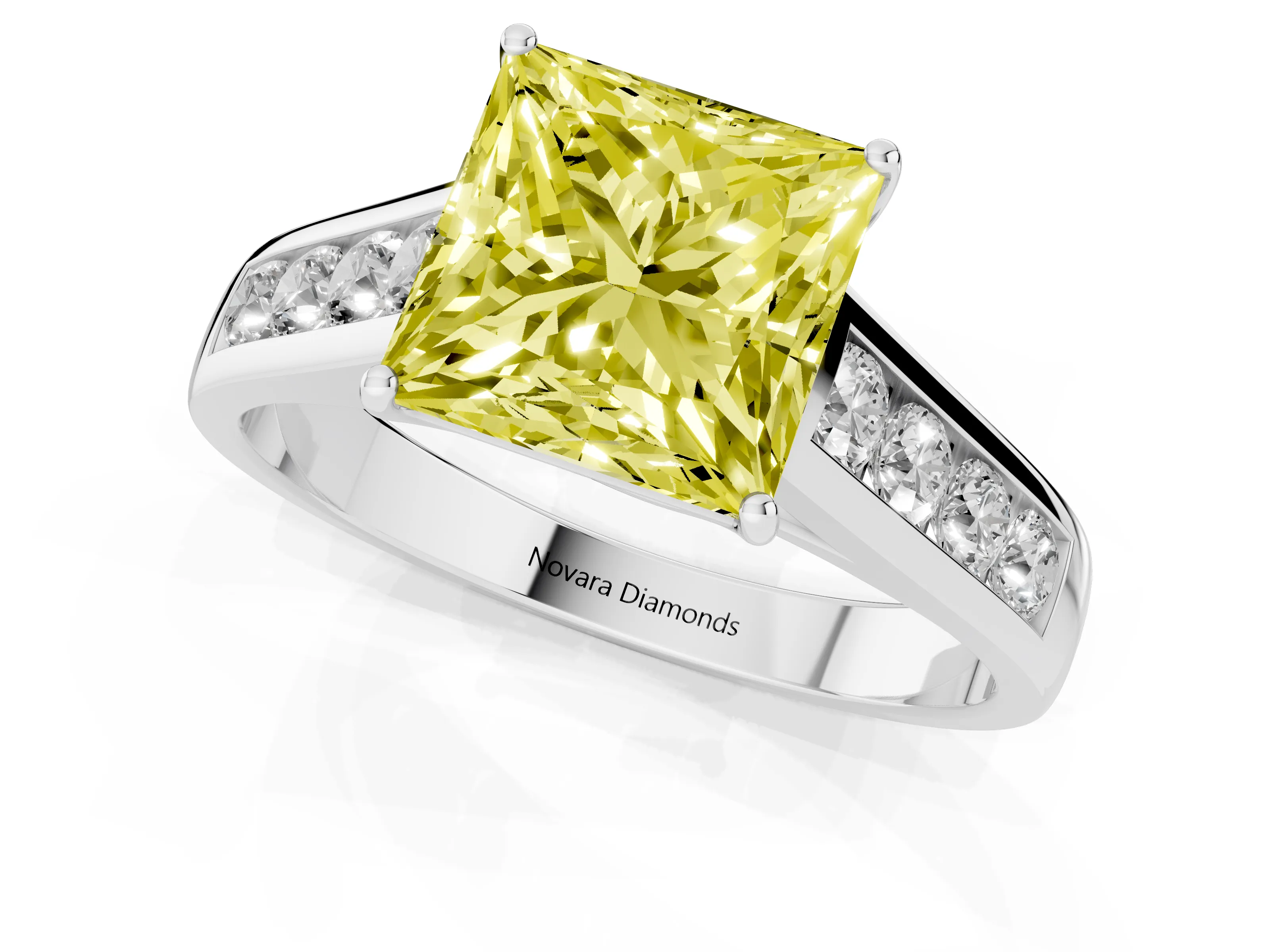 Fancy Yellow Princess Cut Diamond Solitaire Channel-Set Engagement Ring Set in Silver with Prong Setting