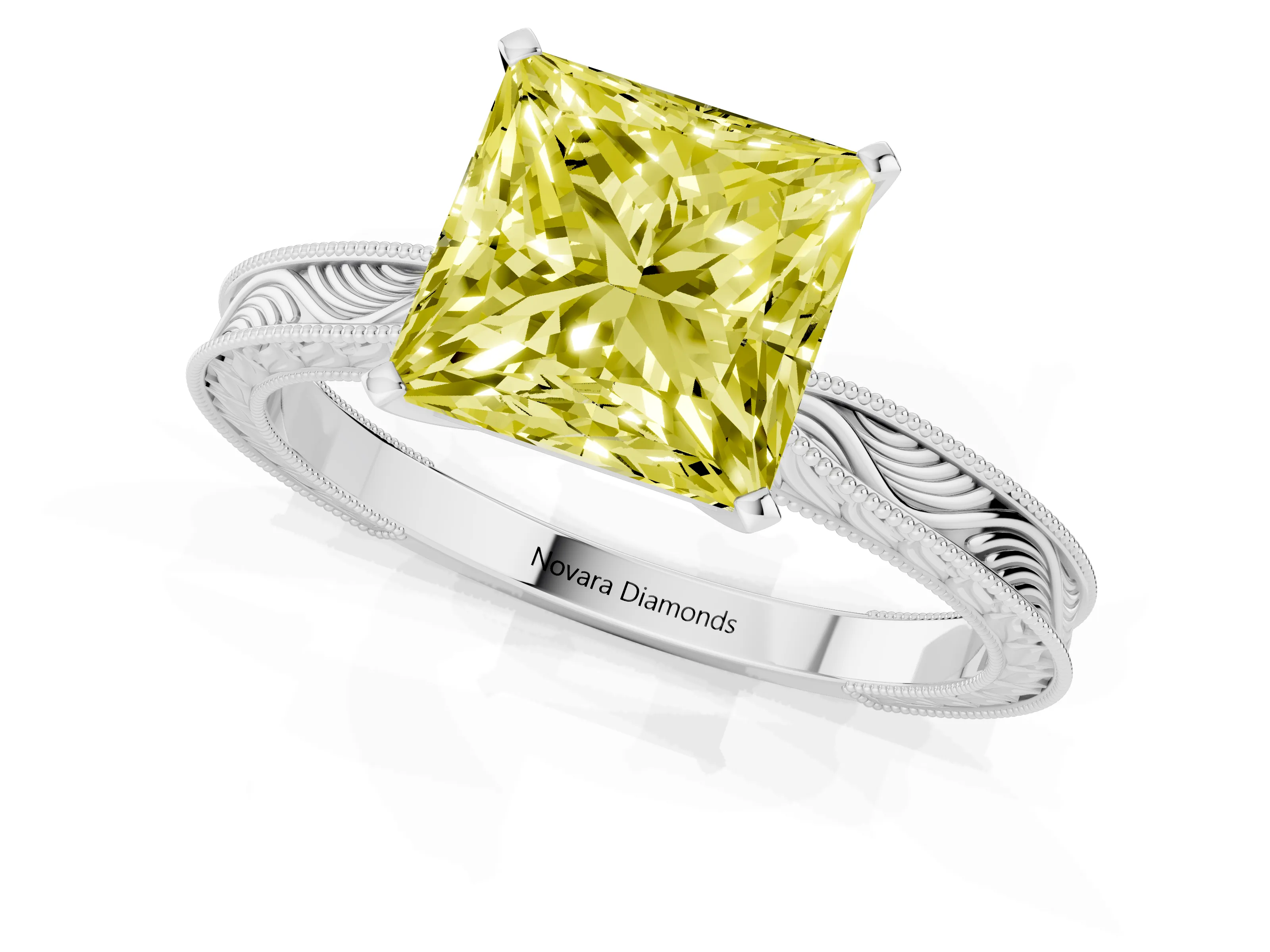 Fancy Yellow Princess Cut Diamond Solitaire Milgrain Engraved Band Set in White gold with Prong Setting
