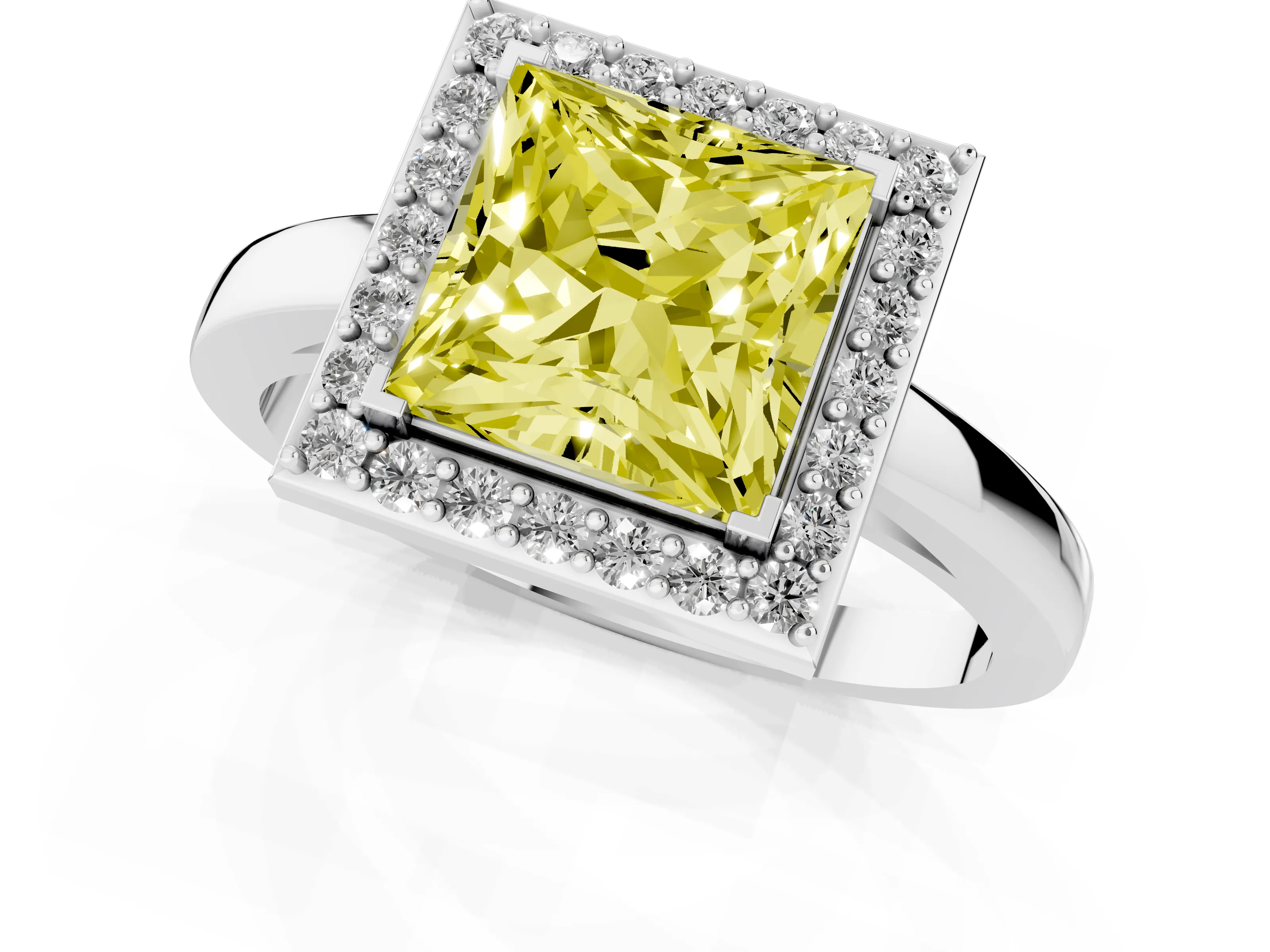 Fancy Yellow Princess Cut Diamond Halo Ring Set in Silver with Solitaire Band and Prong Setting
