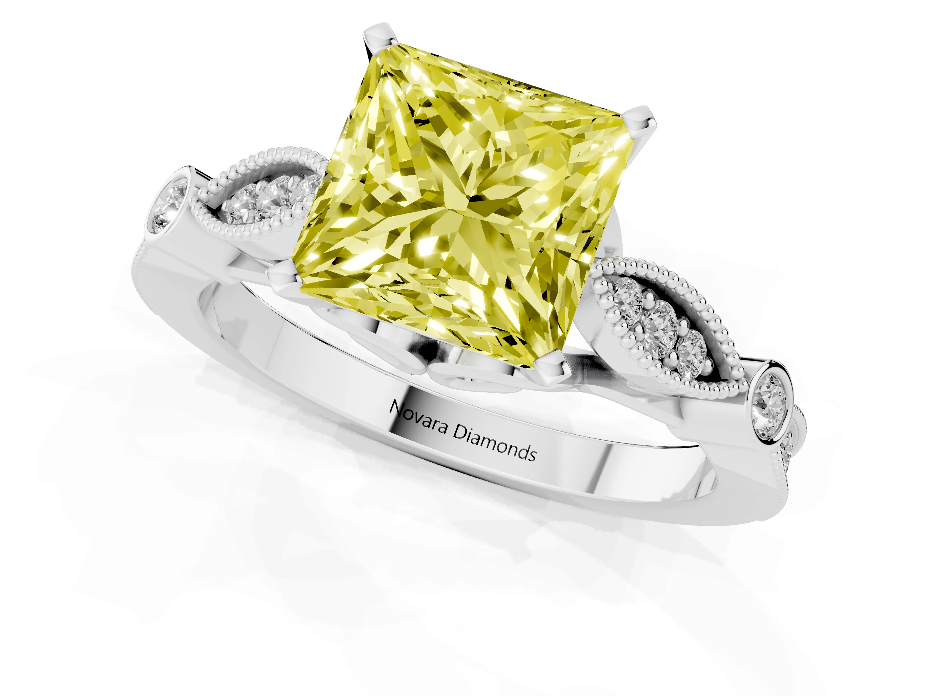 Fancy Yellow Princess Cut Diamond Solitaire Ring Set in Silver with Milgrain Marquise and Bezel Accents