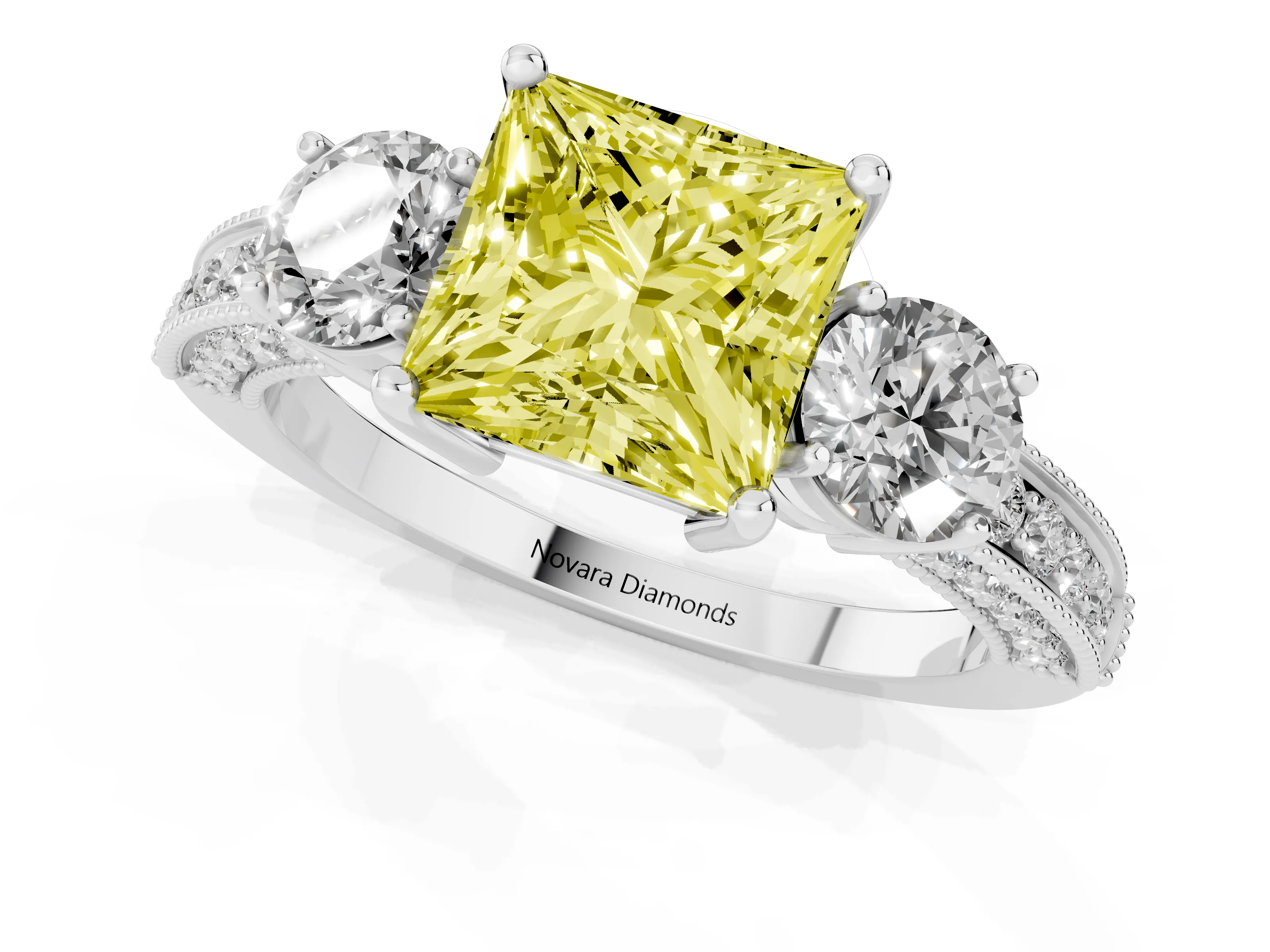 Fancy Yellow Princess Cut Diamond Three-Stone Ring Set in Platinum with Round Side Stones and Pavé Band