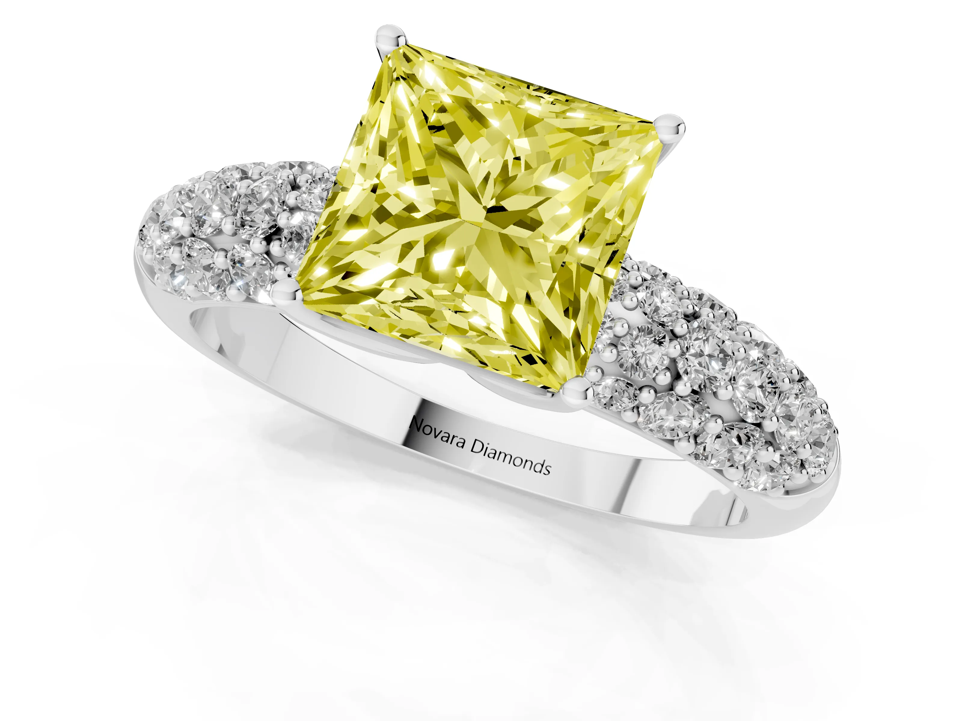 Fancy Yellow Princess Cut Diamond Pavé Band Solitaire Ring Set in White gold with Close-Set Accent Stones and Prong Setting