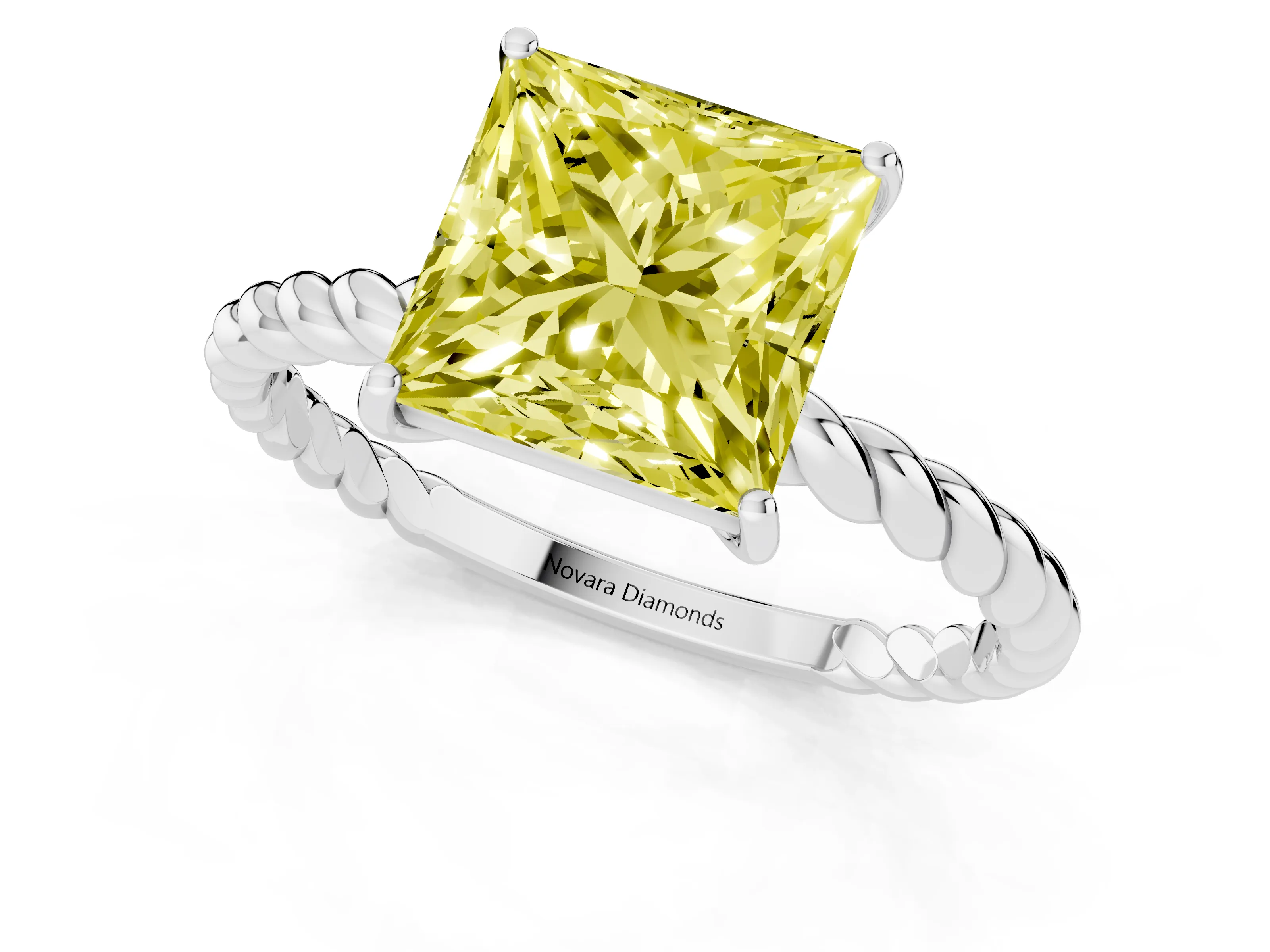 Fancy Yellow Princess Cut Diamond Solitaire Ring Set in White gold with Twist Band and Prong Setting