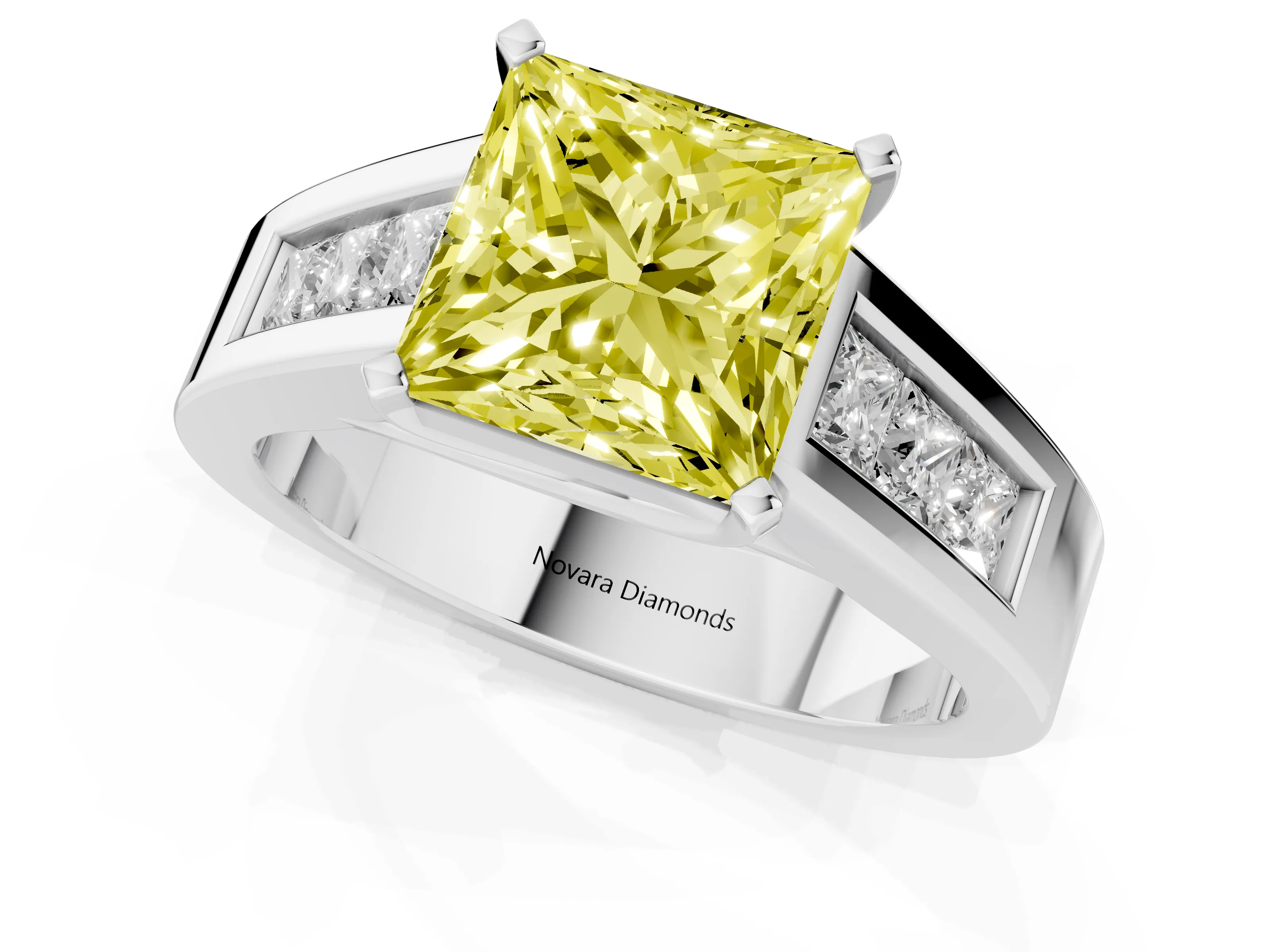 Fancy Yellow Princess Cut Diamond Solitaire Ring Set in Silver with Channel-Set Accent Stones and Prong Setting