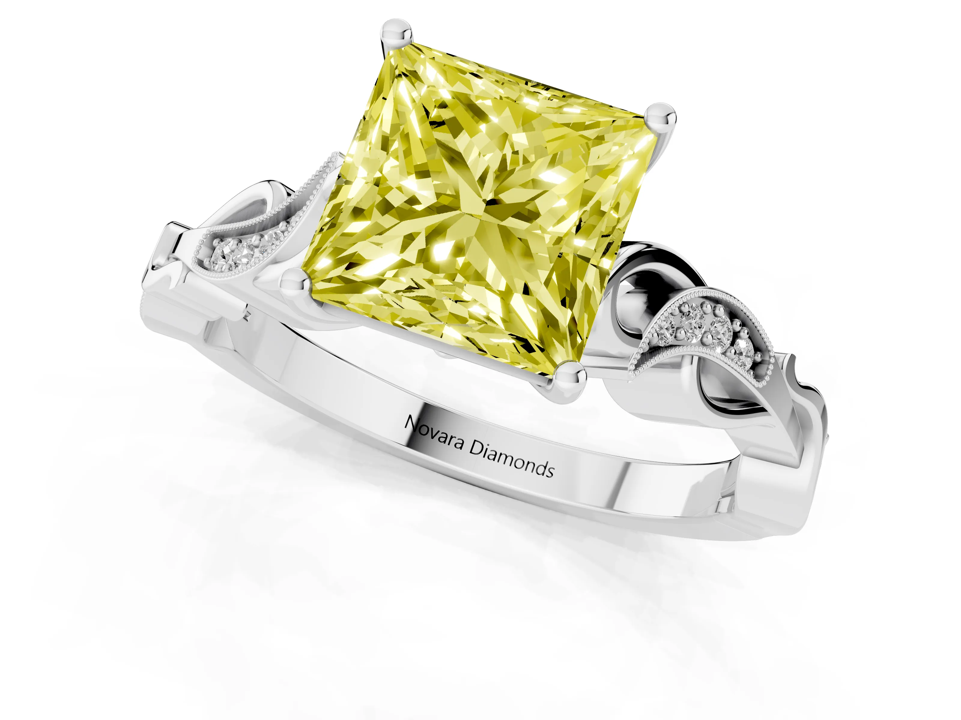 Fancy Yellow Princess Cut Diamond Vine Band Solitaire Ring Set in White gold with Milgrain Prong Setting