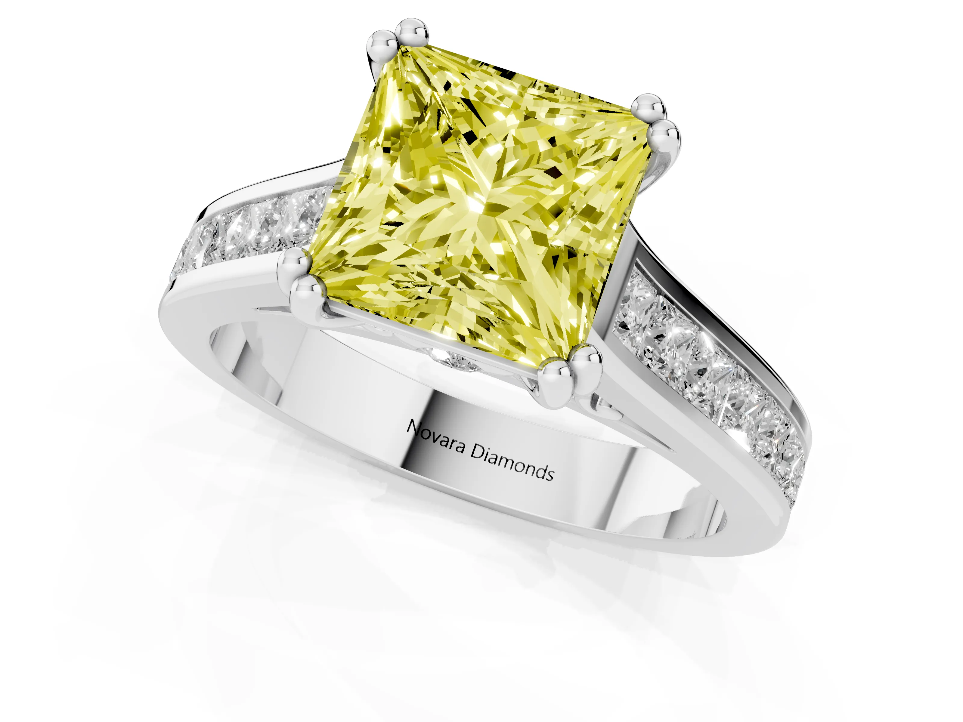 Fancy Yellow Princess Cut Diamond Channel Set Solitaire Engagement Ring Set in Platinum with Prong Setting