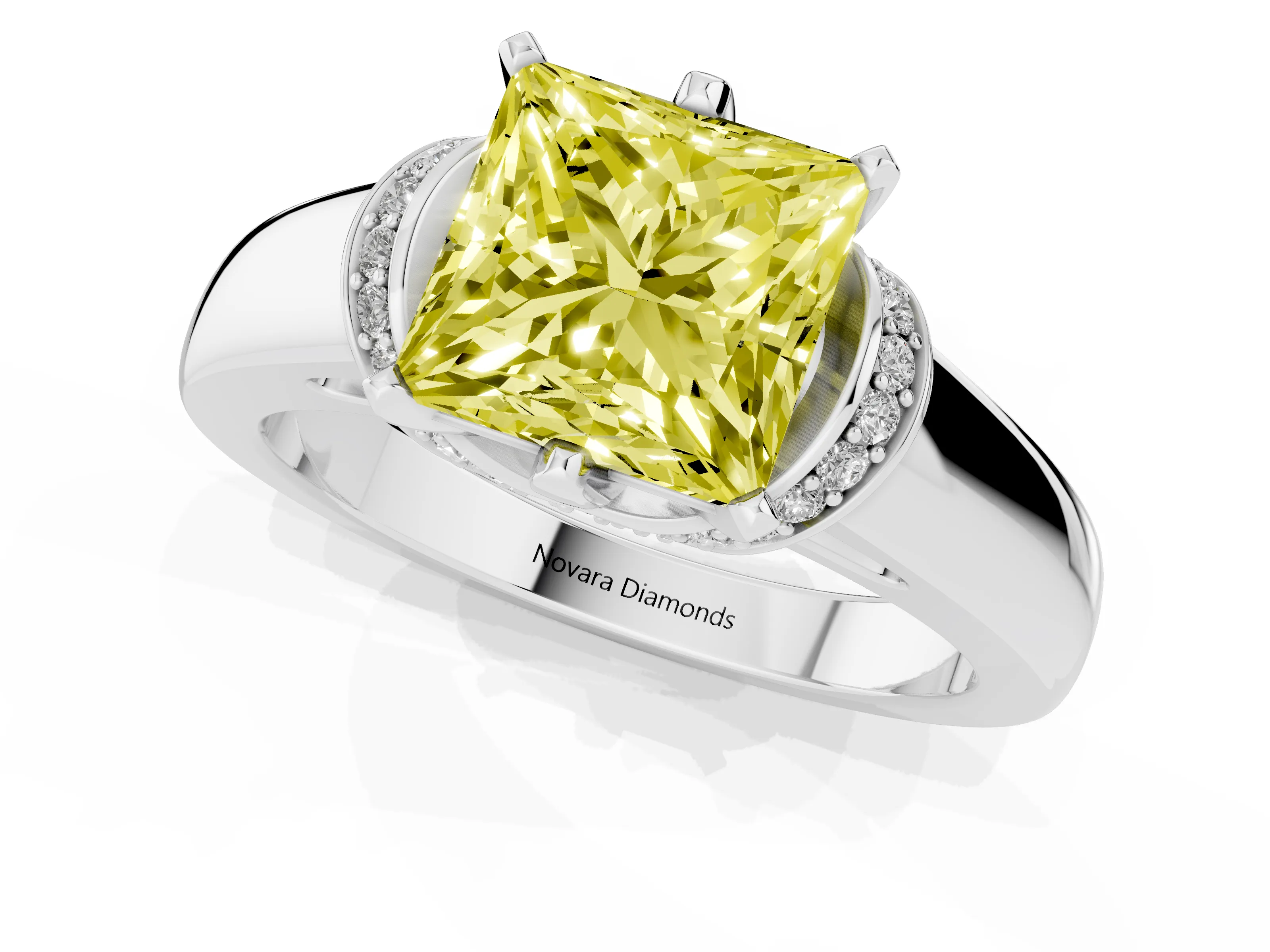Fancy Yellow Princess Cut Diamond Pavé Band Solitaire Ring Set in Silver with Prong Setting