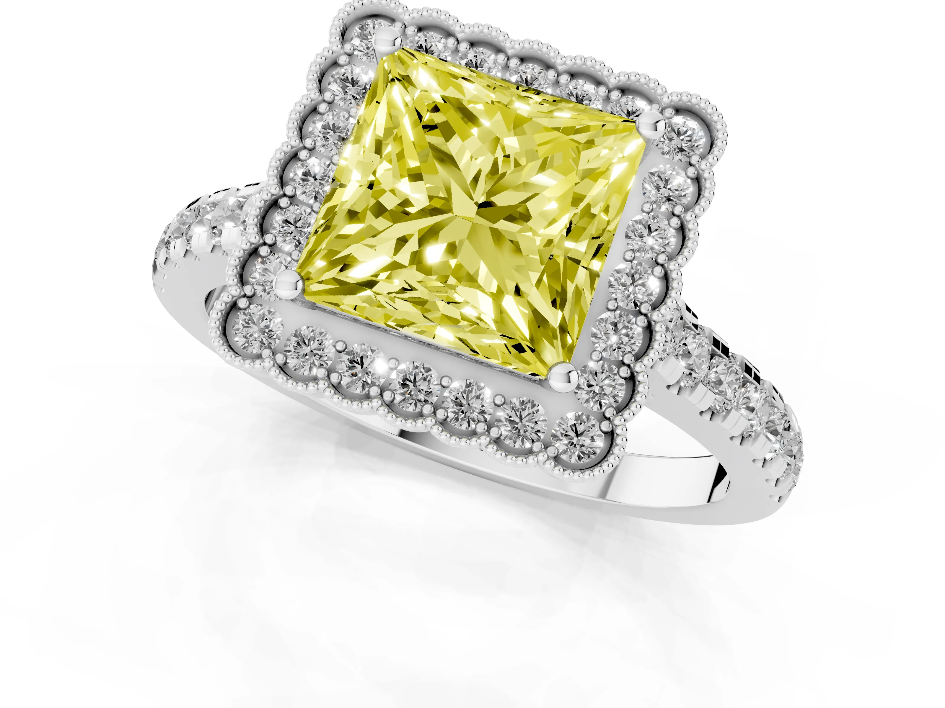 Fancy Yellow Princess Cut Diamond Milgrain Floral Halo Engagement Ring Set in White gold with Pavé Band