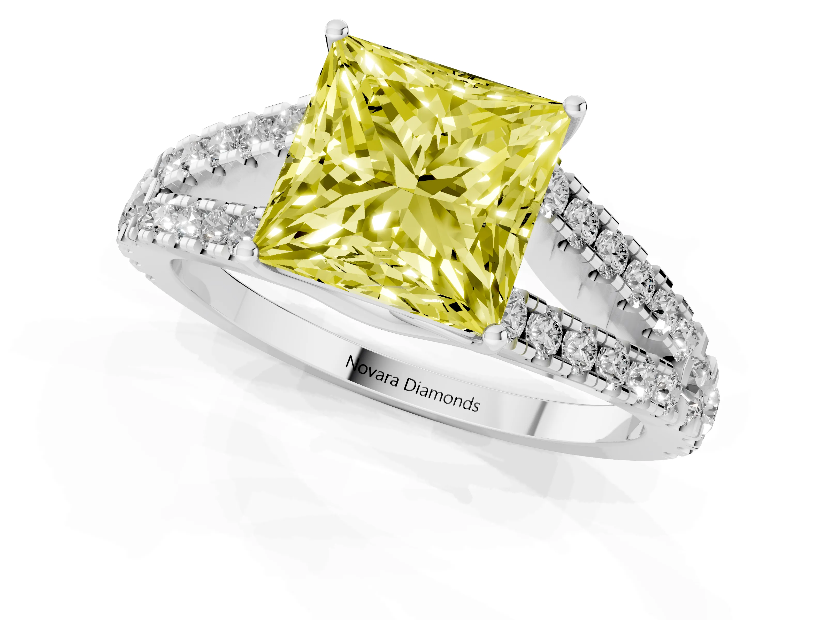 Fancy Yellow Princess Cut Diamond Split Shank Pavé Engagement Ring Set in Platinum with Prong-Held Center Stone